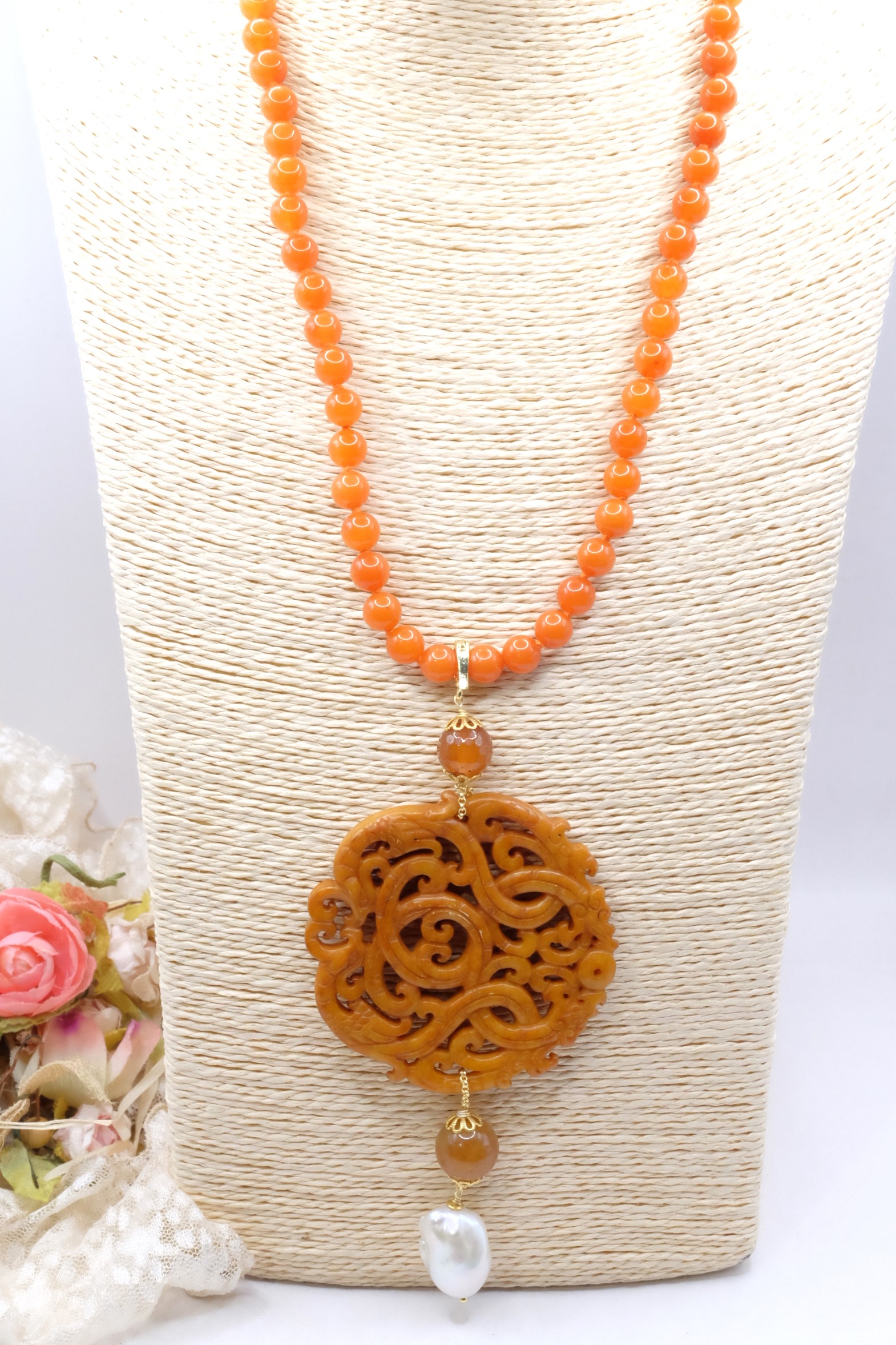COLLANA CHARLESTON CHANEL MANDALA AGATA ARANCIONE PERLE ARTIGIANALE (2)