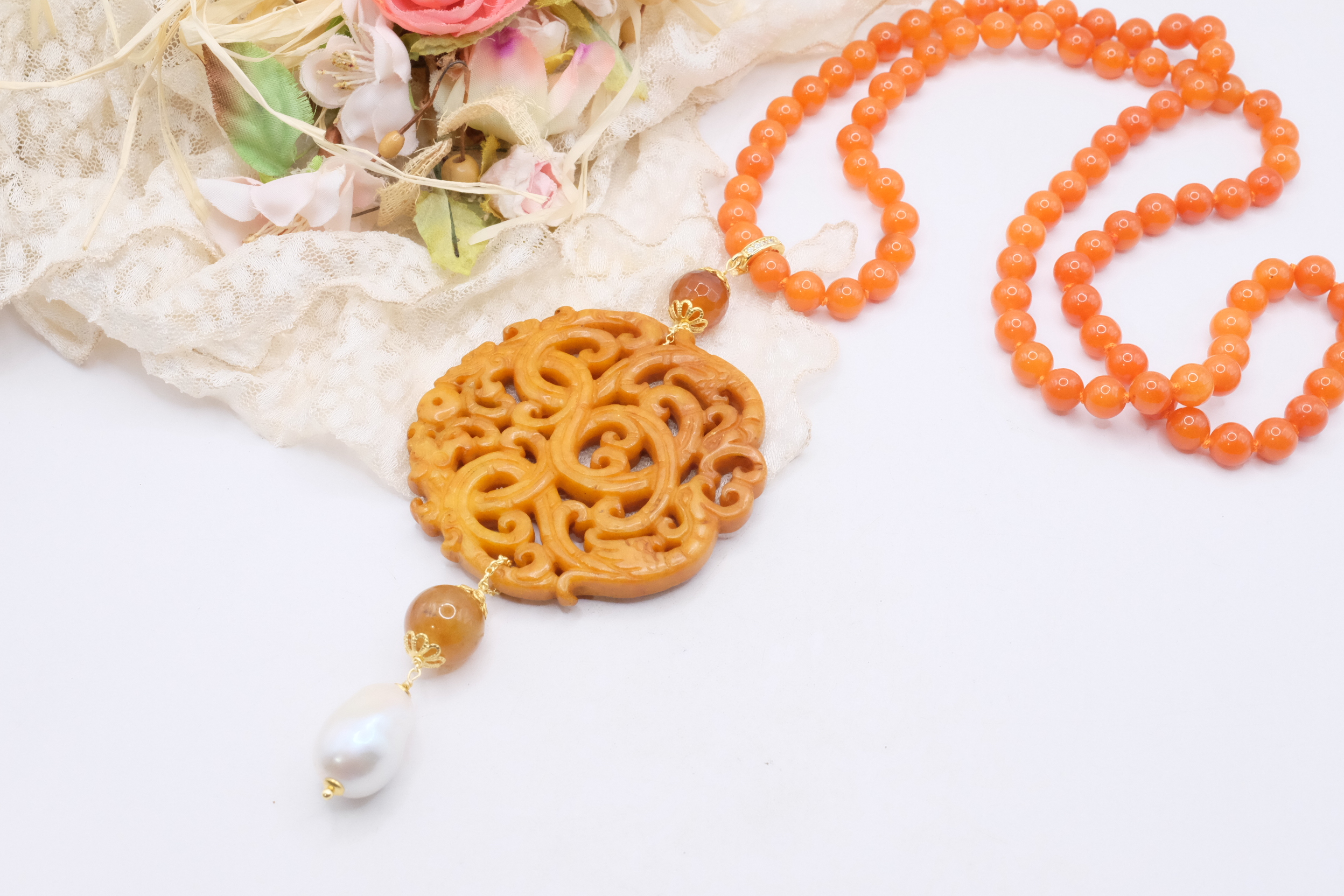 COLLANA CHARLESTON CHANEL MANDALA AGATA ARANCIONE PERLE ARTIGIANALE (3)