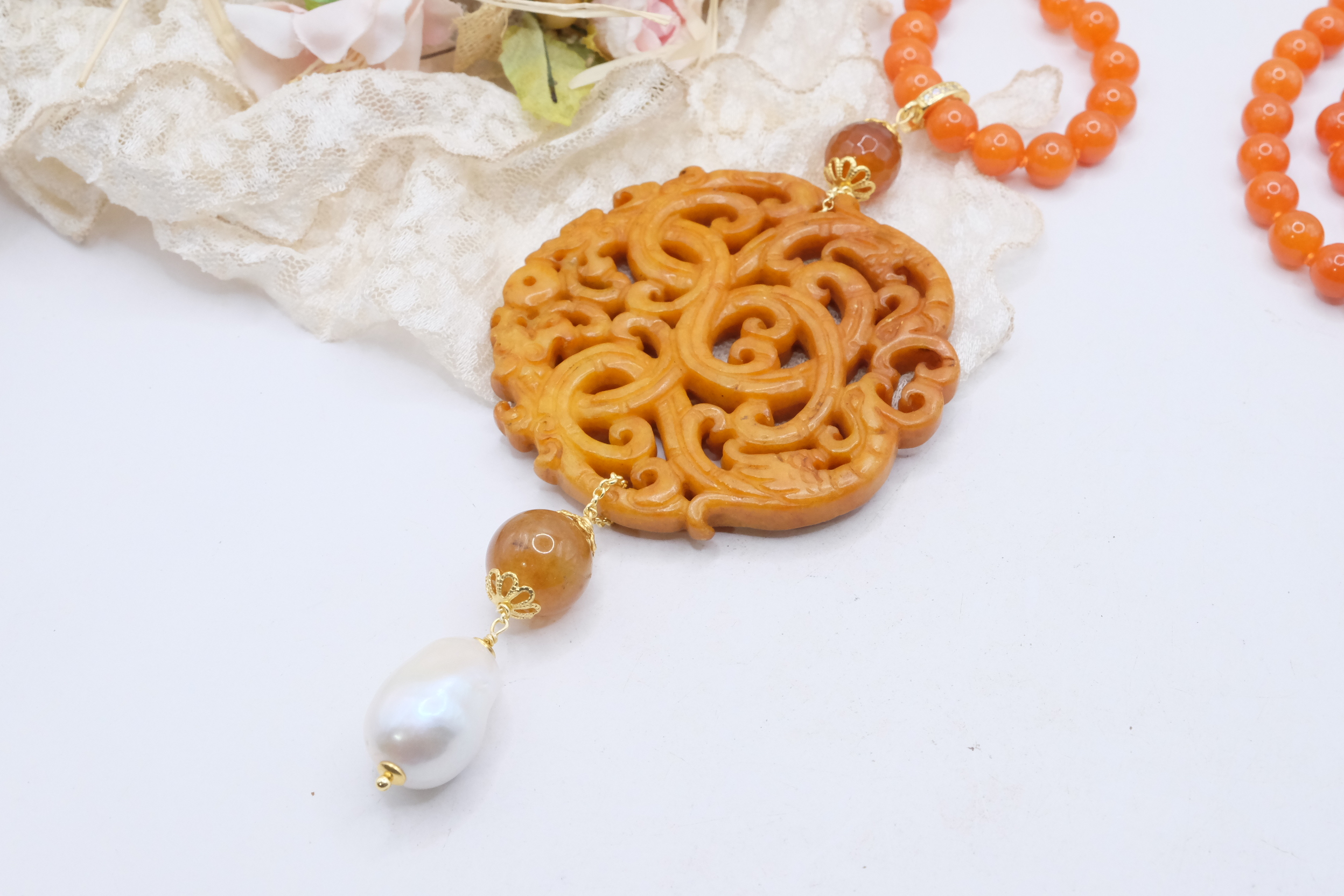 COLLANA CHARLESTON CHANEL MANDALA AGATA ARANCIONE PERLE ARTIGIANALE (4)