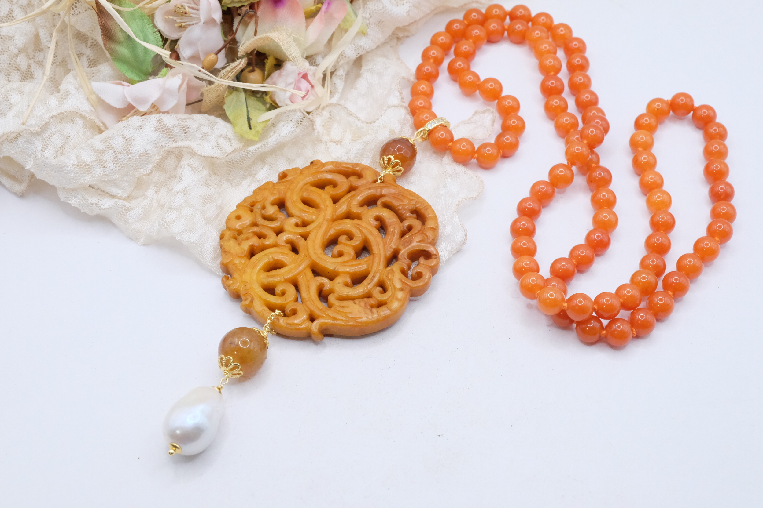 COLLANA CHARLESTON CHANEL MANDALA AGATA ARANCIONE PERLE ARTIGIANALE (5)