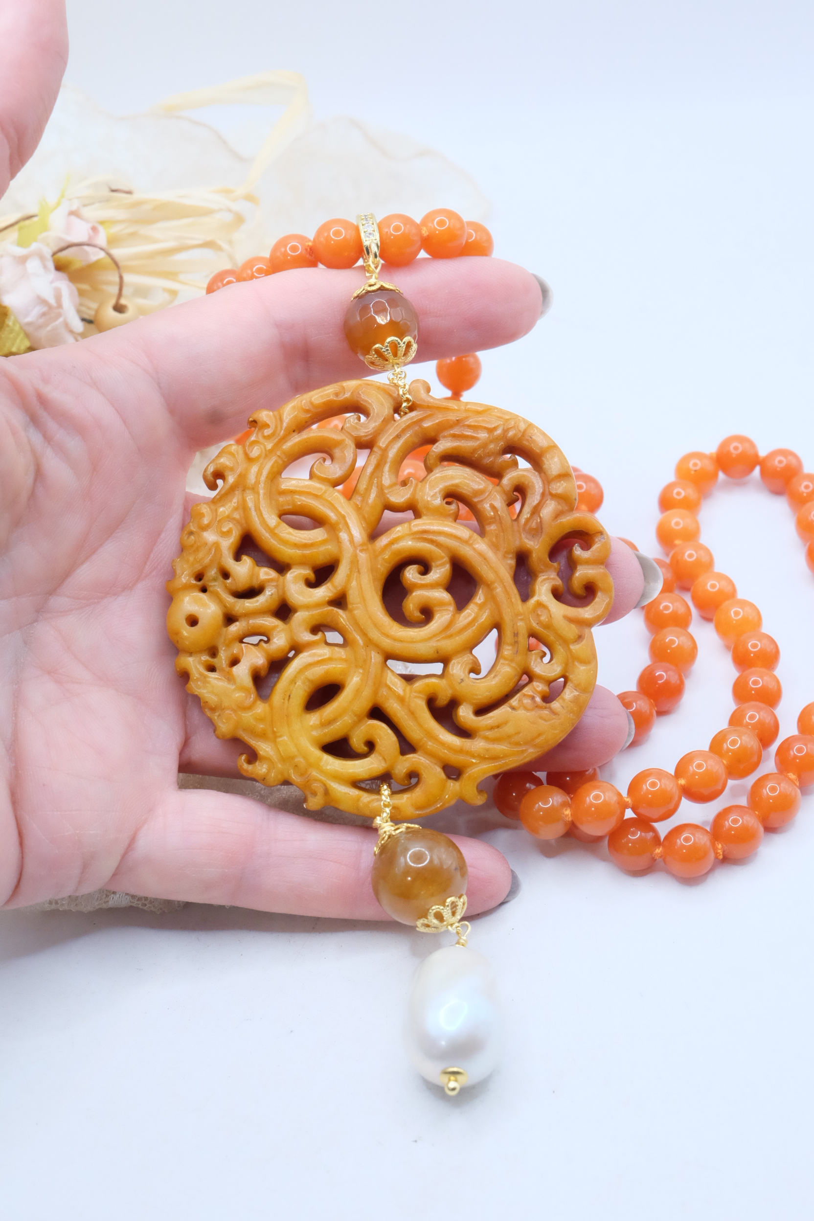 COLLANA CHARLESTON CHANEL MANDALA AGATA ARANCIONE PERLE ARTIGIANALE (6)