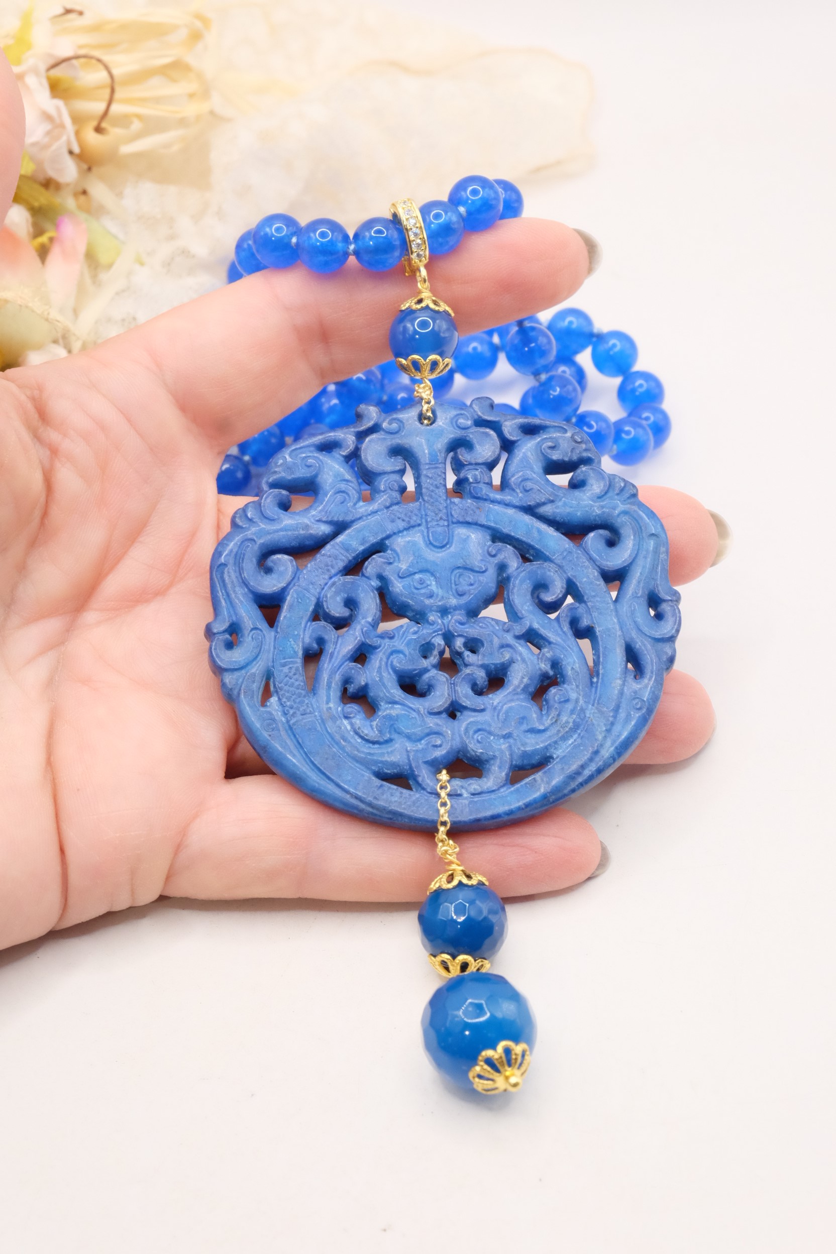 COLLANA CHARLESTON CHANEL MANDALA GIADA BLU ELETTRICO PERLE ARTIGIANALE (1)