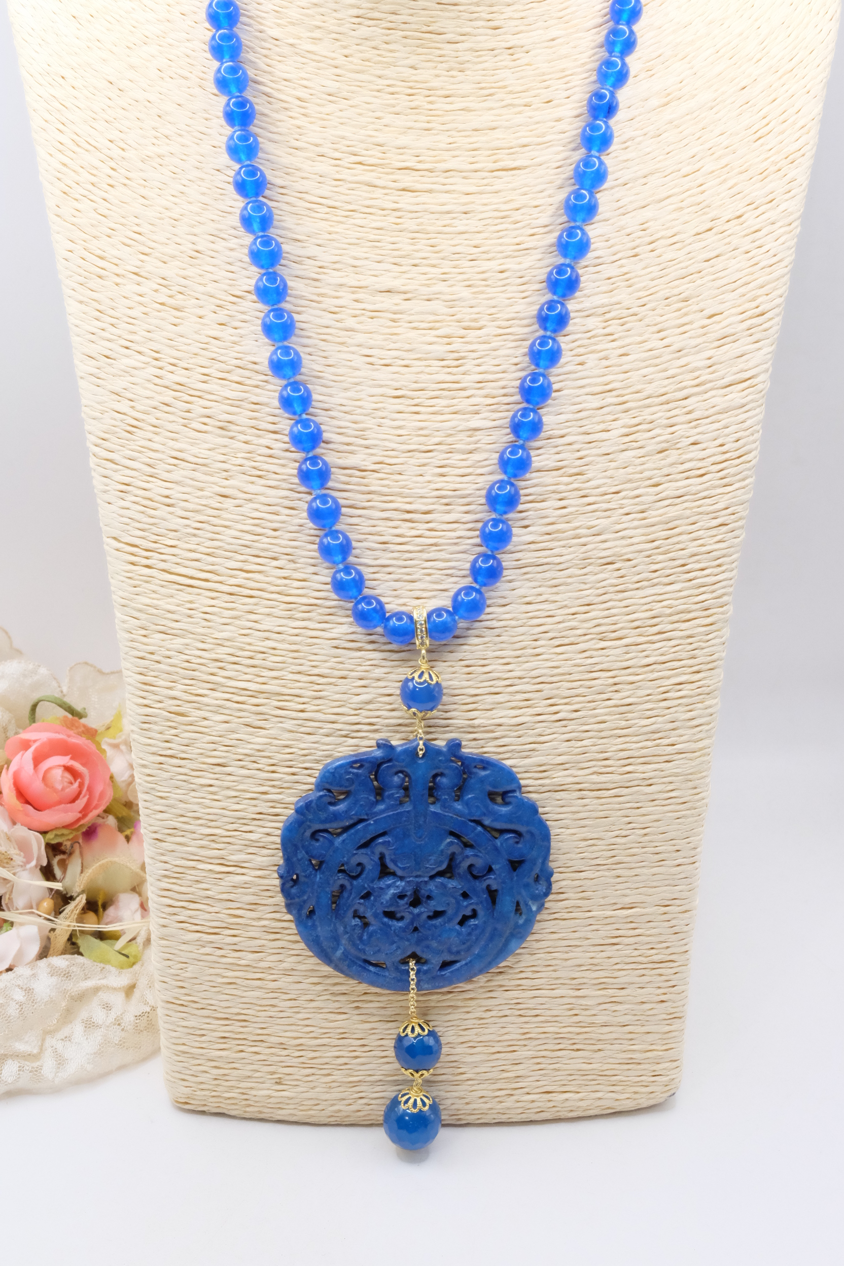 COLLANA CHARLESTON CHANEL MANDALA GIADA BLU ELETTRICO PERLE ARTIGIANALE (2)