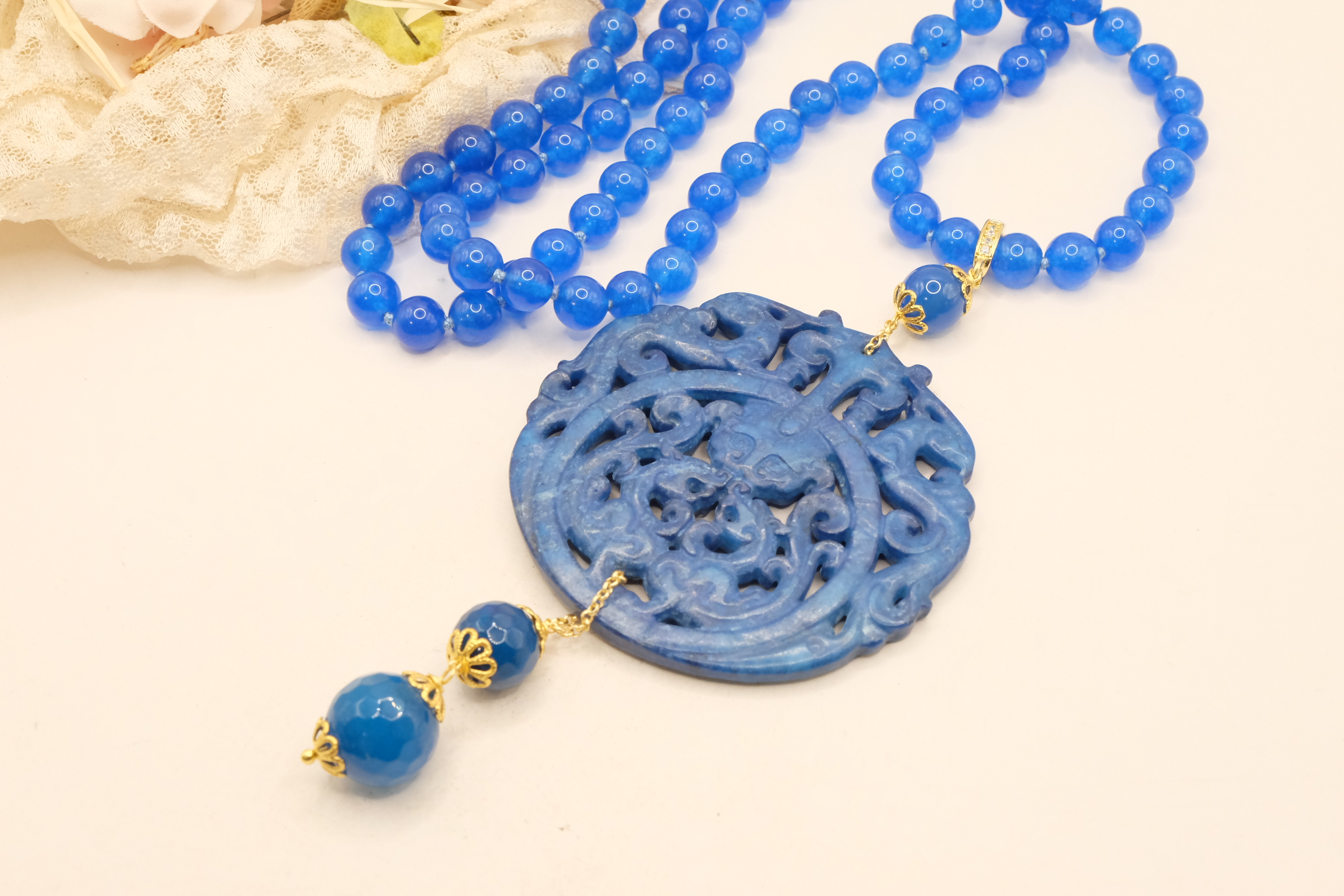 COLLANA CHARLESTON CHANEL MANDALA GIADA BLU ELETTRICO PERLE ARTIGIANALE (3)