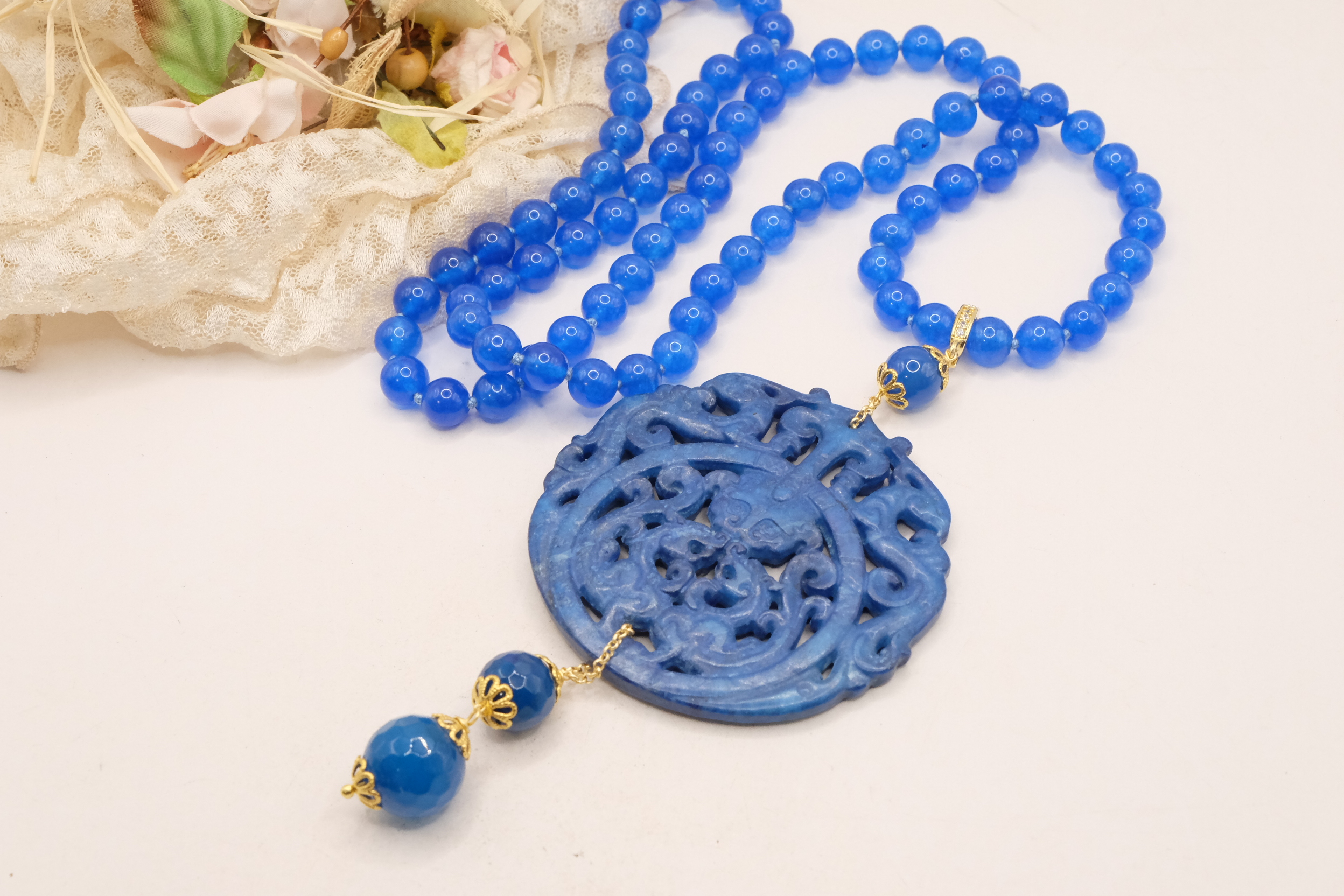 COLLANA CHARLESTON CHANEL MANDALA GIADA BLU ELETTRICO PERLE ARTIGIANALE (4)