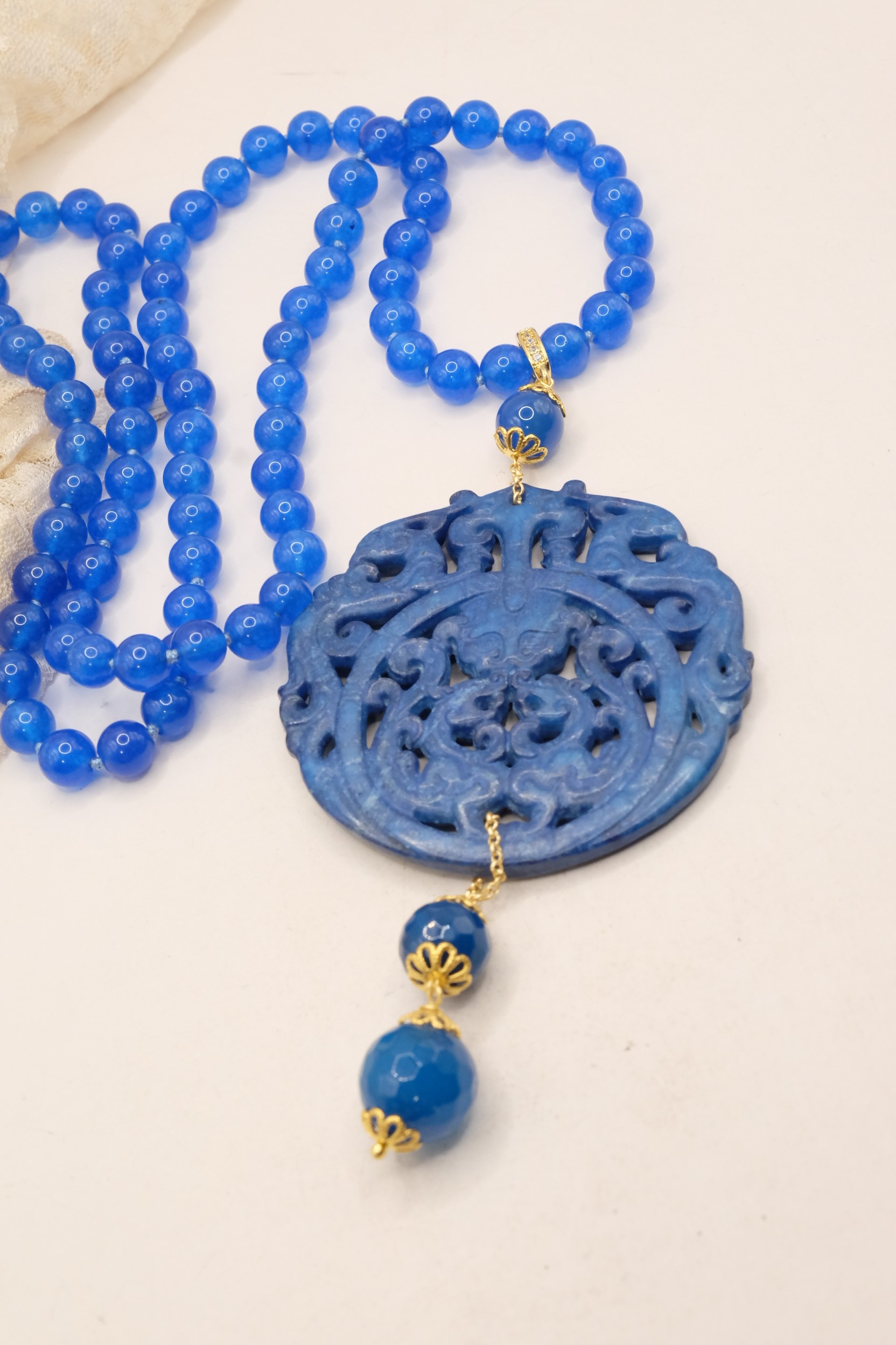 COLLANA CHARLESTON CHANEL MANDALA GIADA BLU ELETTRICO PERLE ARTIGIANALE (5)
