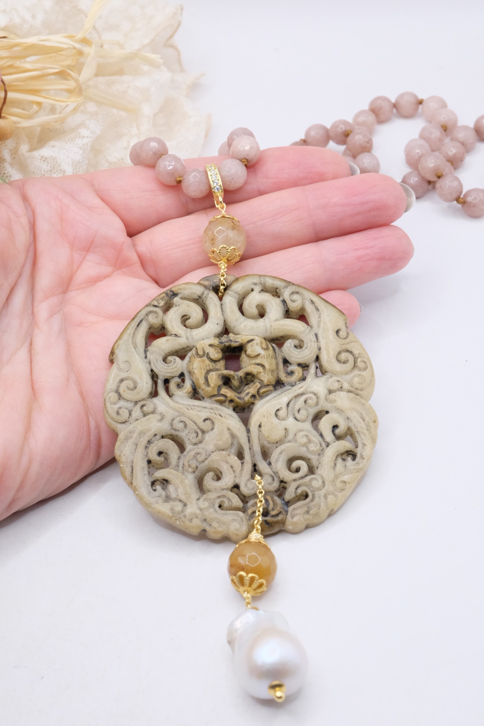 COLLANA CHARLESTON CHANEL MANDALA GIADA GRIGIA PERLE ARTIGIANALE (2)
