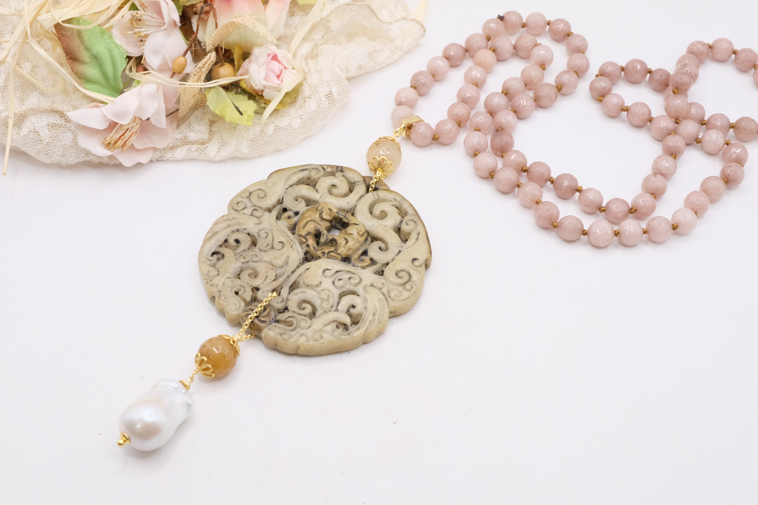 COLLANA CHARLESTON CHANEL MANDALA GIADA GRIGIA PERLE ARTIGIANALE (3)