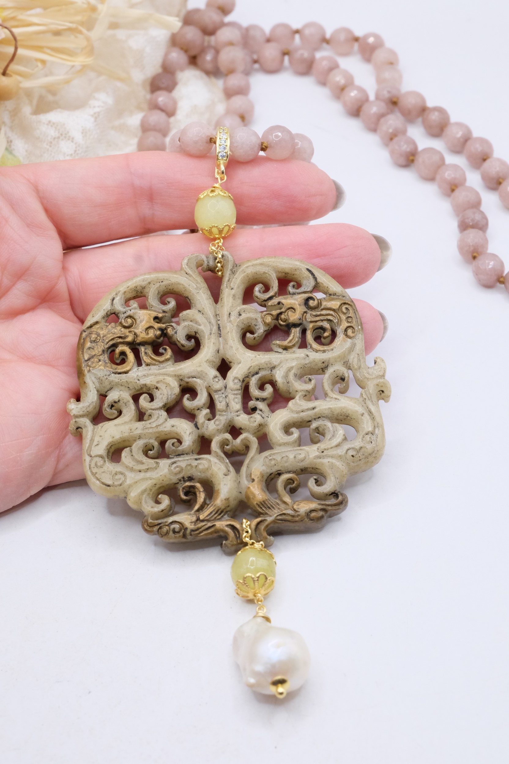 COLLANA CHARLESTON CHANEL MANDALA GIADA GRIGIA PERLE ARTIGIANALE (4)