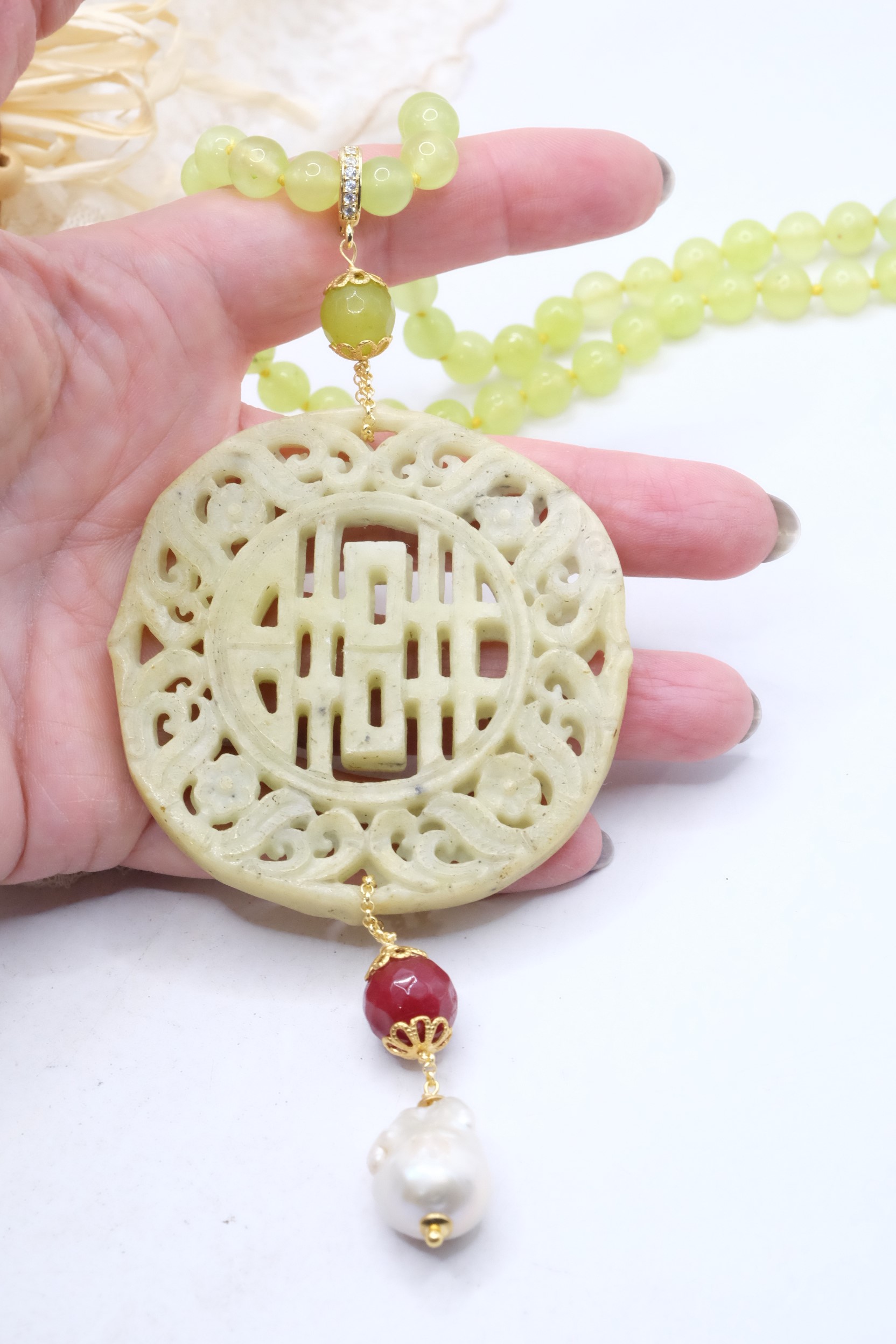 COLLANA CHARLESTON CHANEL MANDALA GIADA VERDE PERLE BORGOGNA ARTIGIANALE (1)