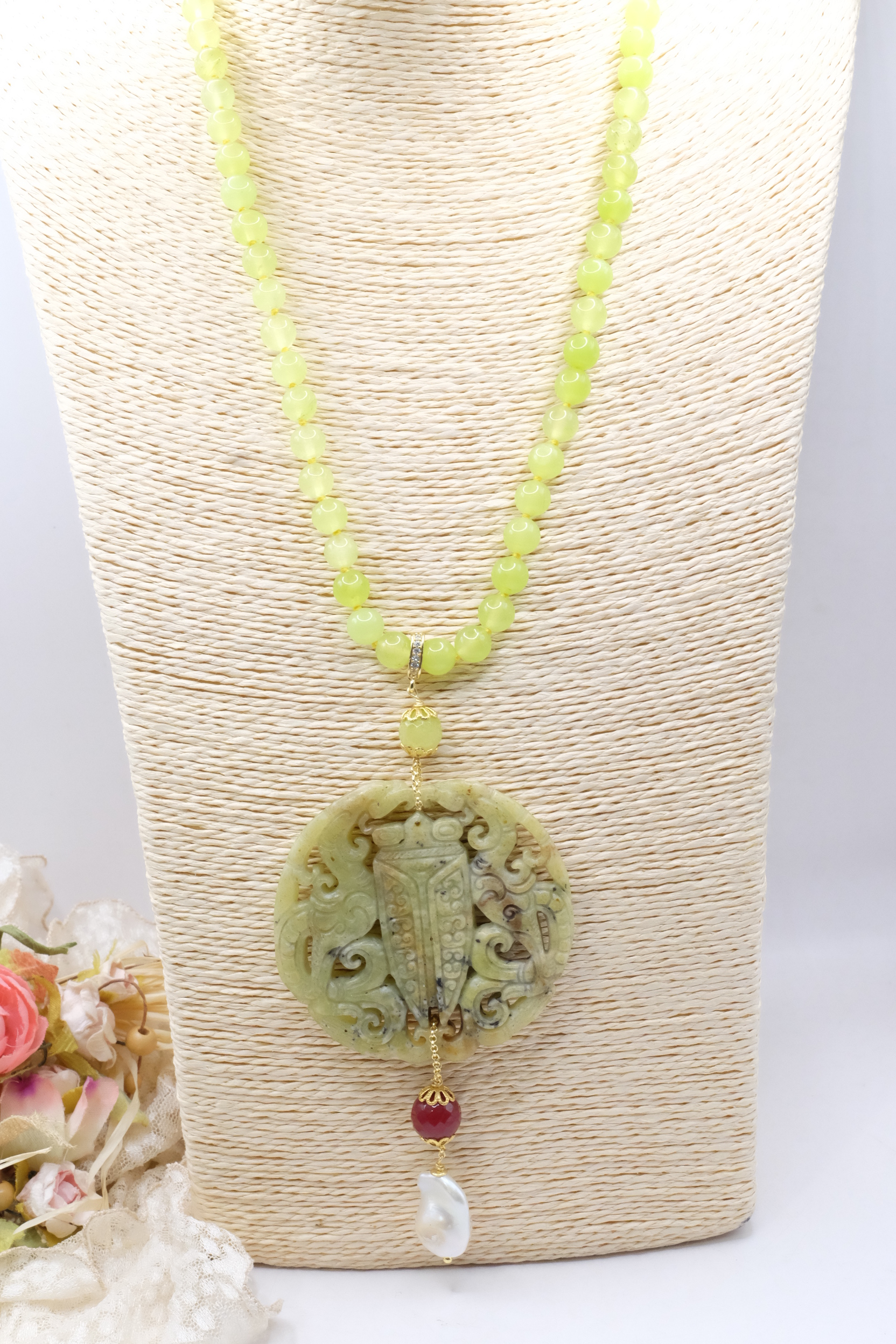 COLLANA CHARLESTON CHANEL MANDALA GIADA VERDE PERLE BORGOGNA ARTIGIANALE (2)
