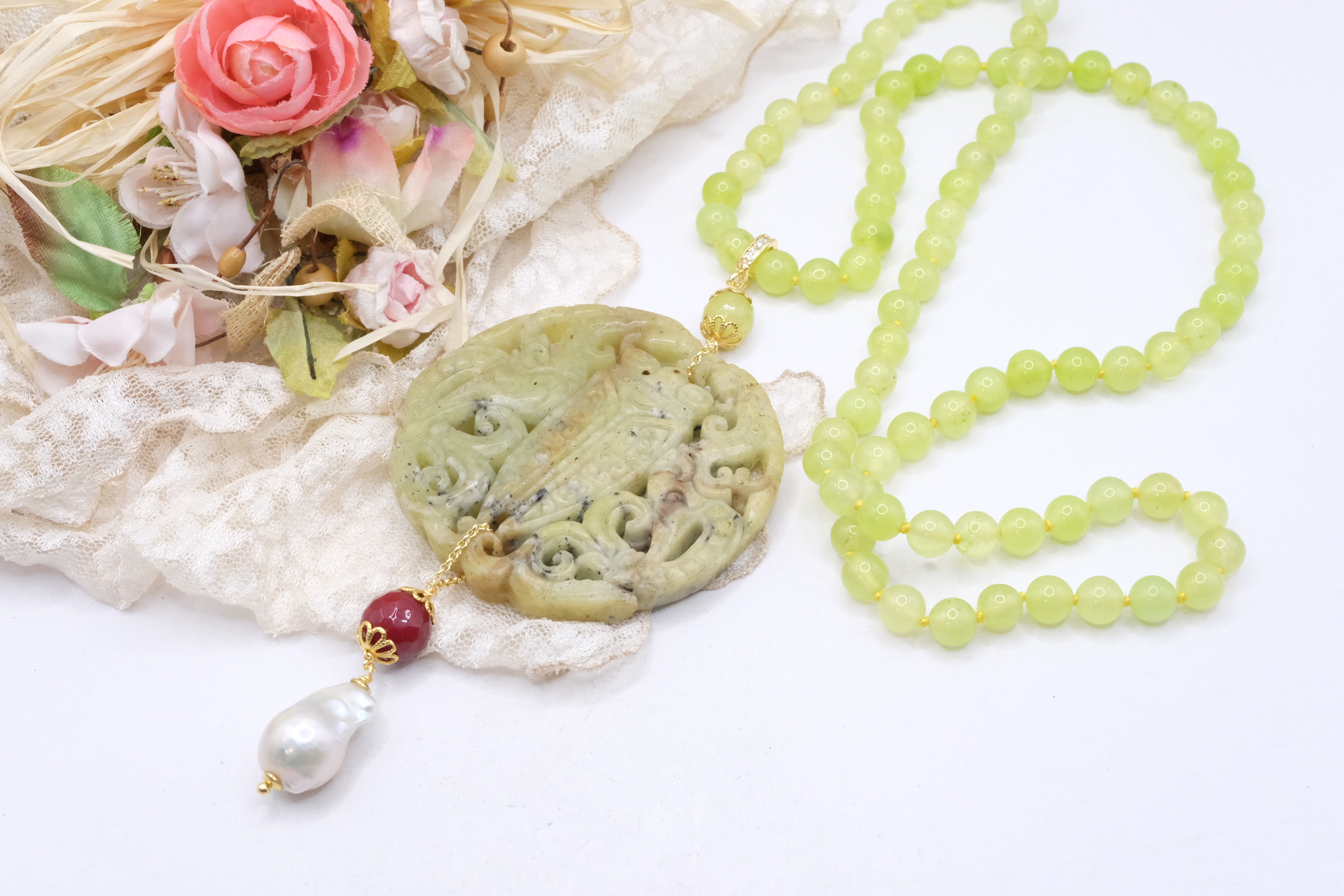 COLLANA CHARLESTON CHANEL MANDALA GIADA VERDE PERLE BORGOGNA ARTIGIANALE (3)