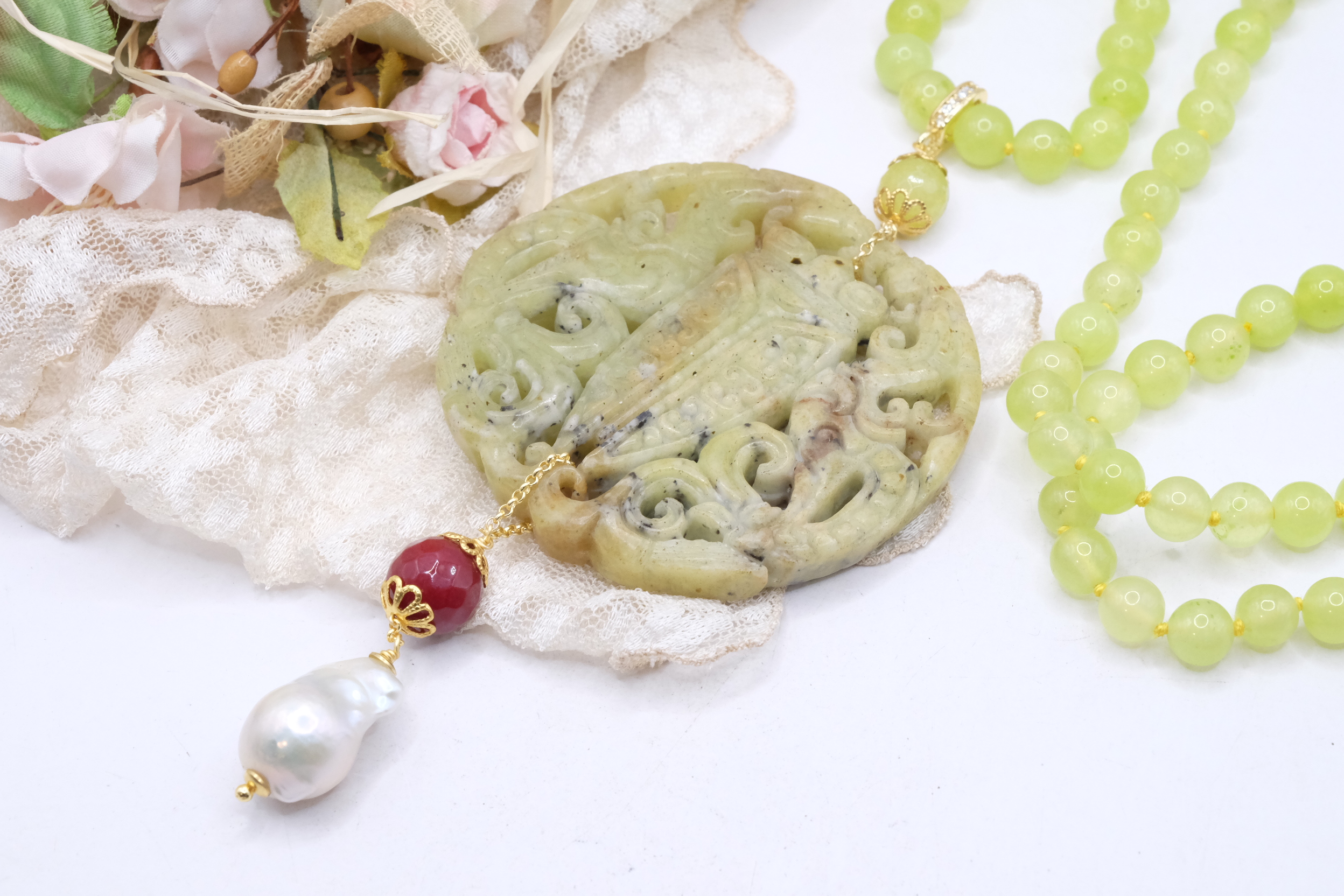 COLLANA CHARLESTON CHANEL MANDALA GIADA VERDE PERLE BORGOGNA ARTIGIANALE (4)