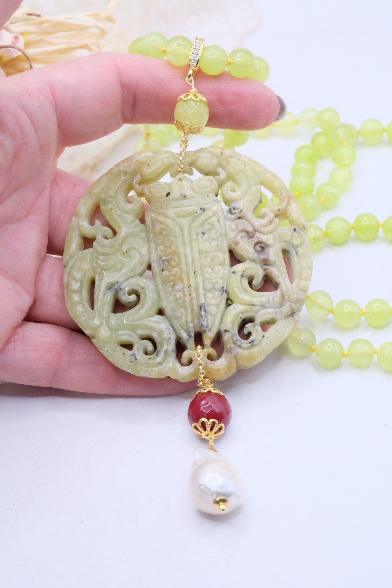 COLLANA CHARLESTON CHANEL MANDALA GIADA VERDE PERLE BORGOGNA ARTIGIANALE (6)
