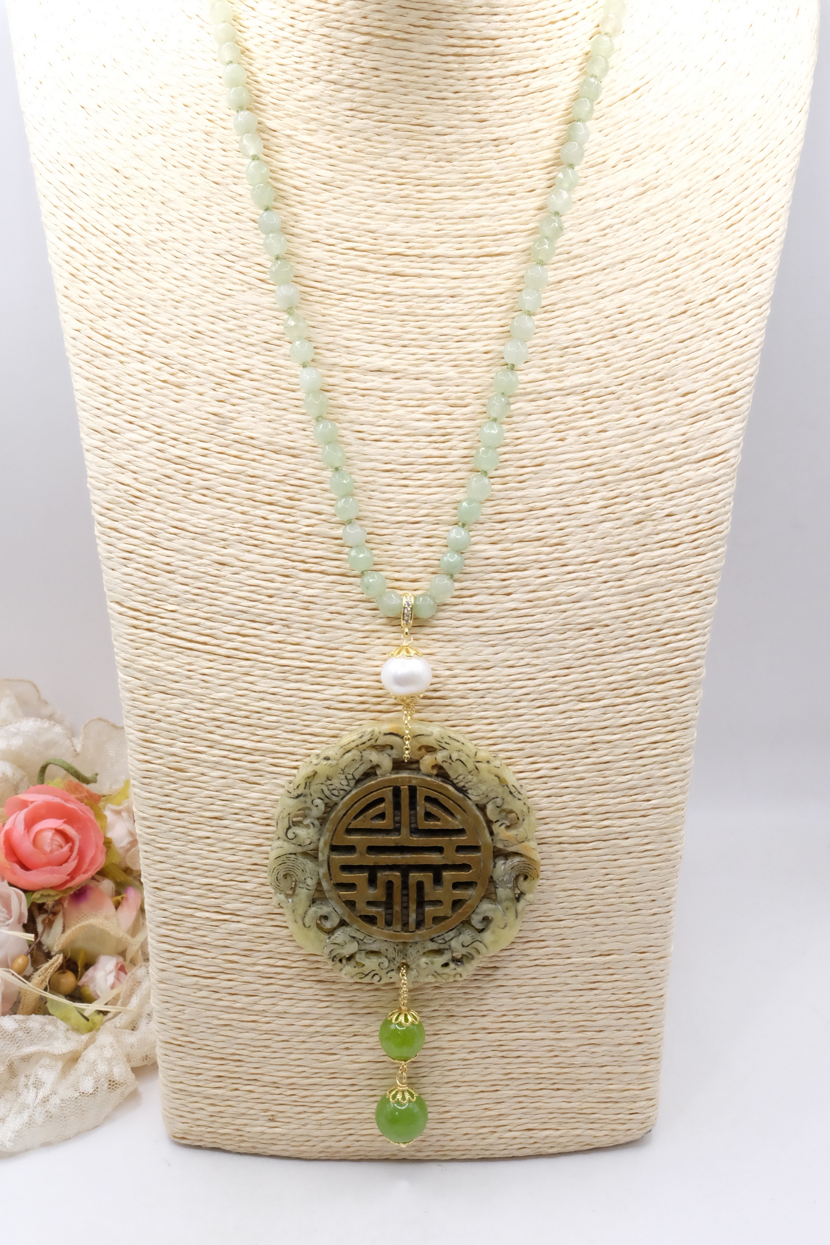 COLLANA CHARLESTON CHANEL MANDALA GIADA VERDE POLVERE PERLE ARTIGIANALE (2)