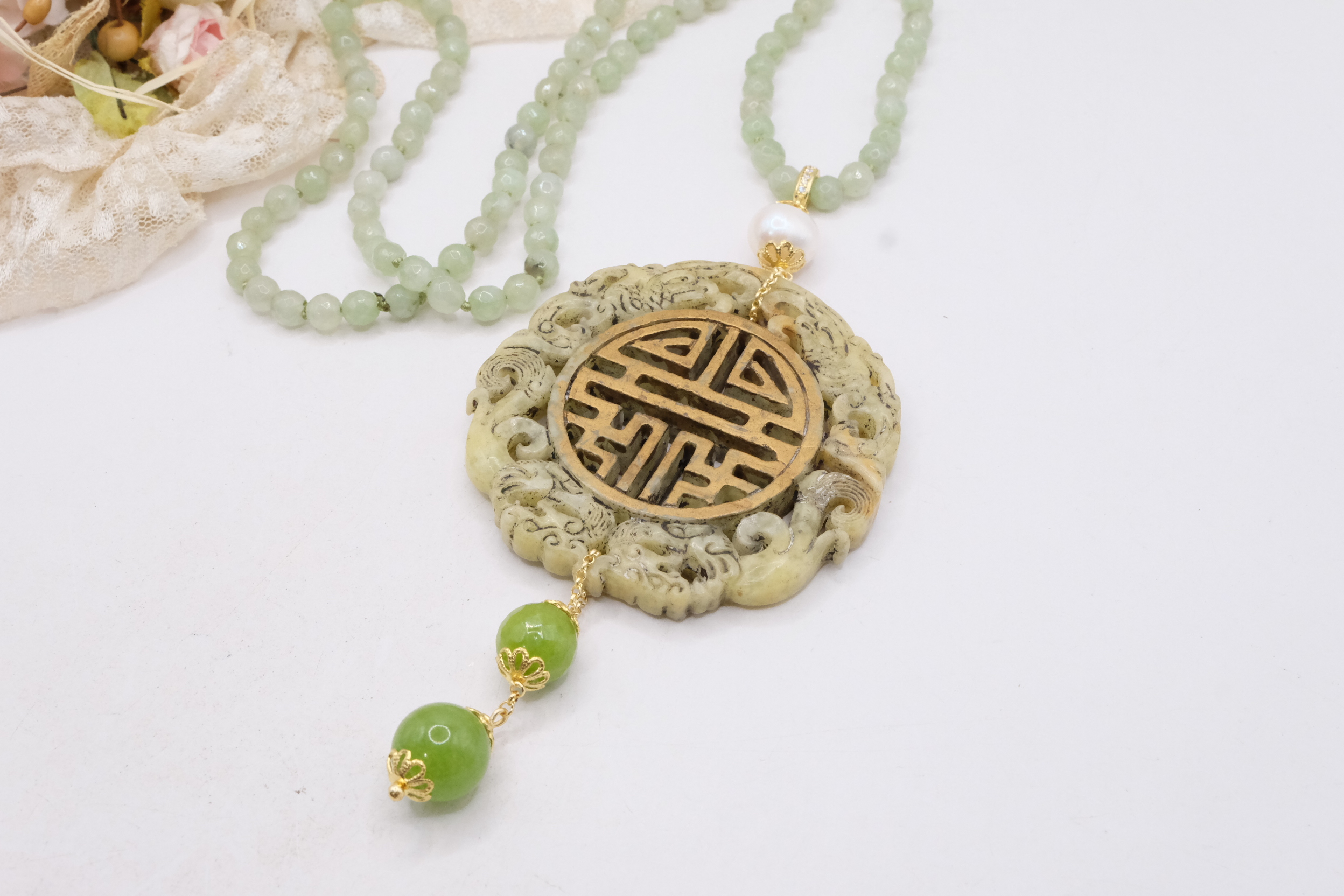 COLLANA CHARLESTON CHANEL MANDALA GIADA VERDE POLVERE PERLE ARTIGIANALE (3)