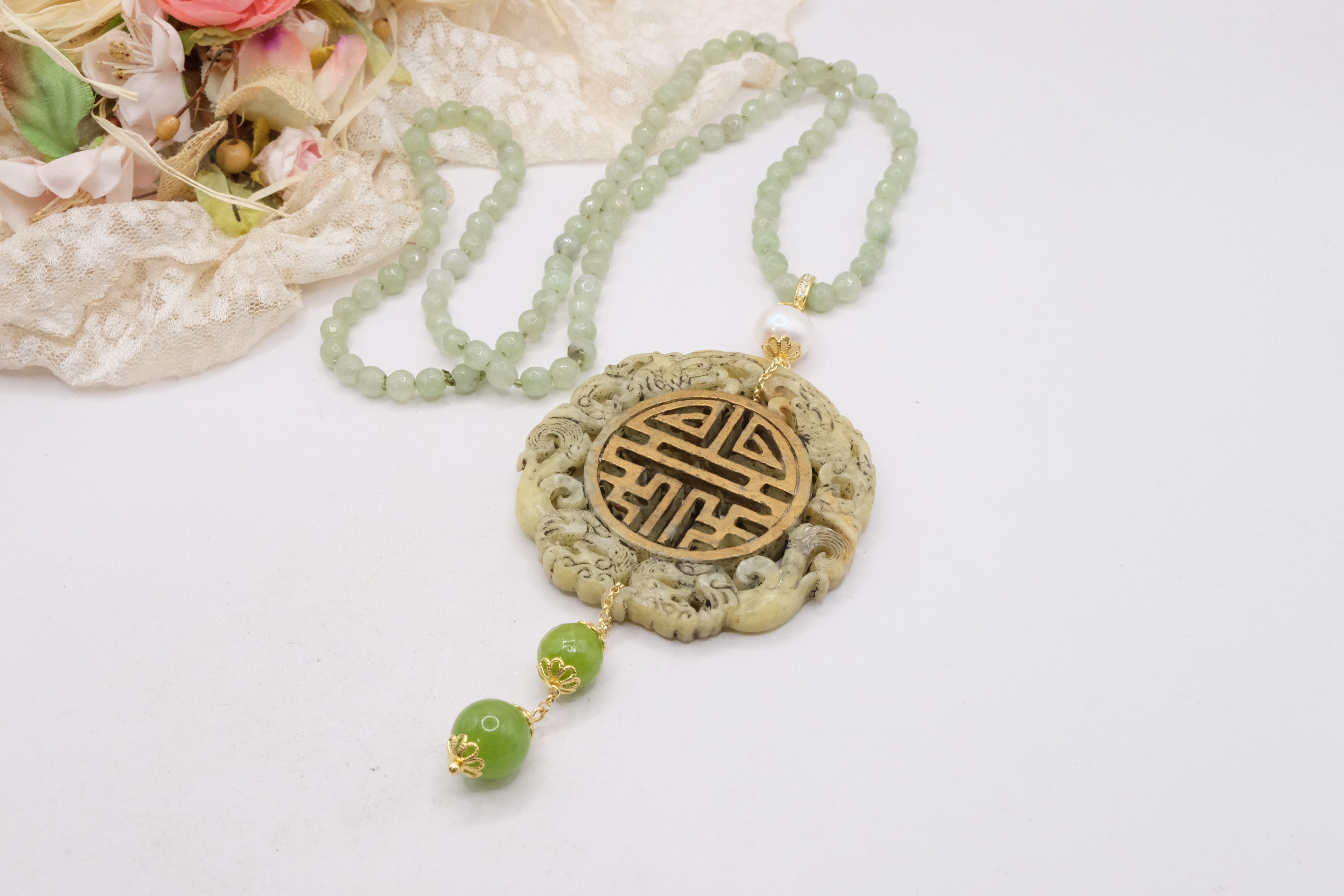 COLLANA CHARLESTON CHANEL MANDALA GIADA VERDE POLVERE PERLE ARTIGIANALE (4)