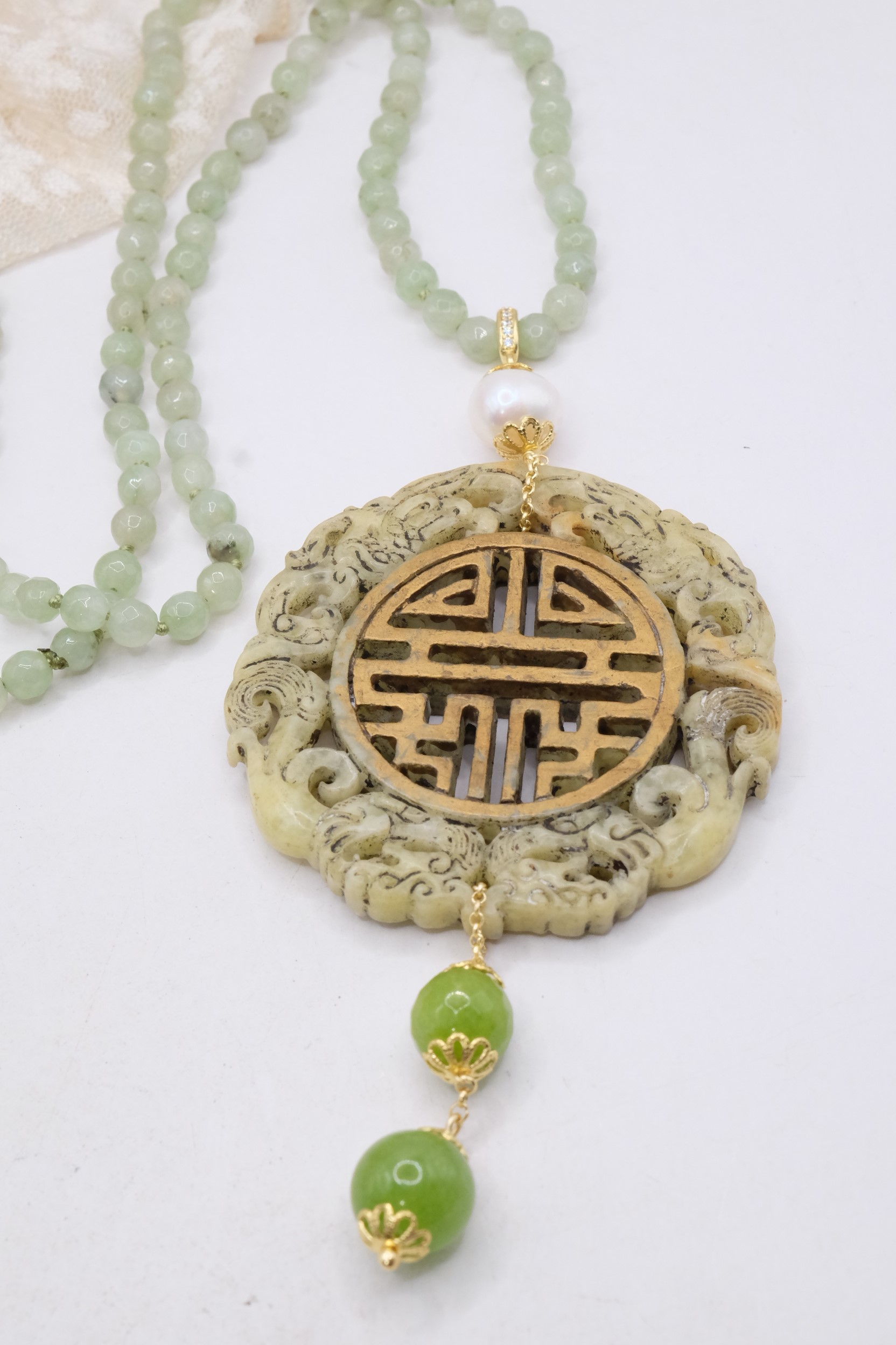 COLLANA CHARLESTON CHANEL MANDALA GIADA VERDE POLVERE PERLE ARTIGIANALE (5)