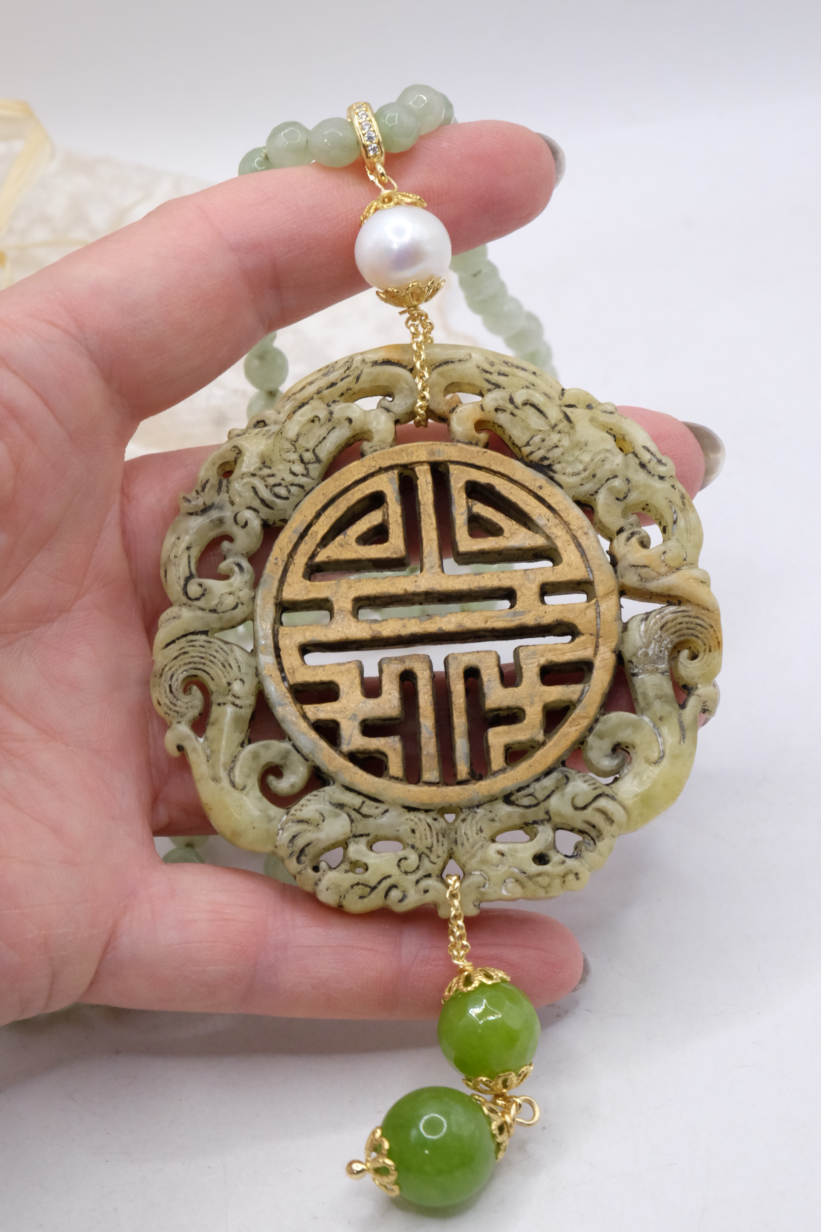 COLLANA CHARLESTON CHANEL MANDALA GIADA VERDE POLVERE PERLE ARTIGIANALE (6)