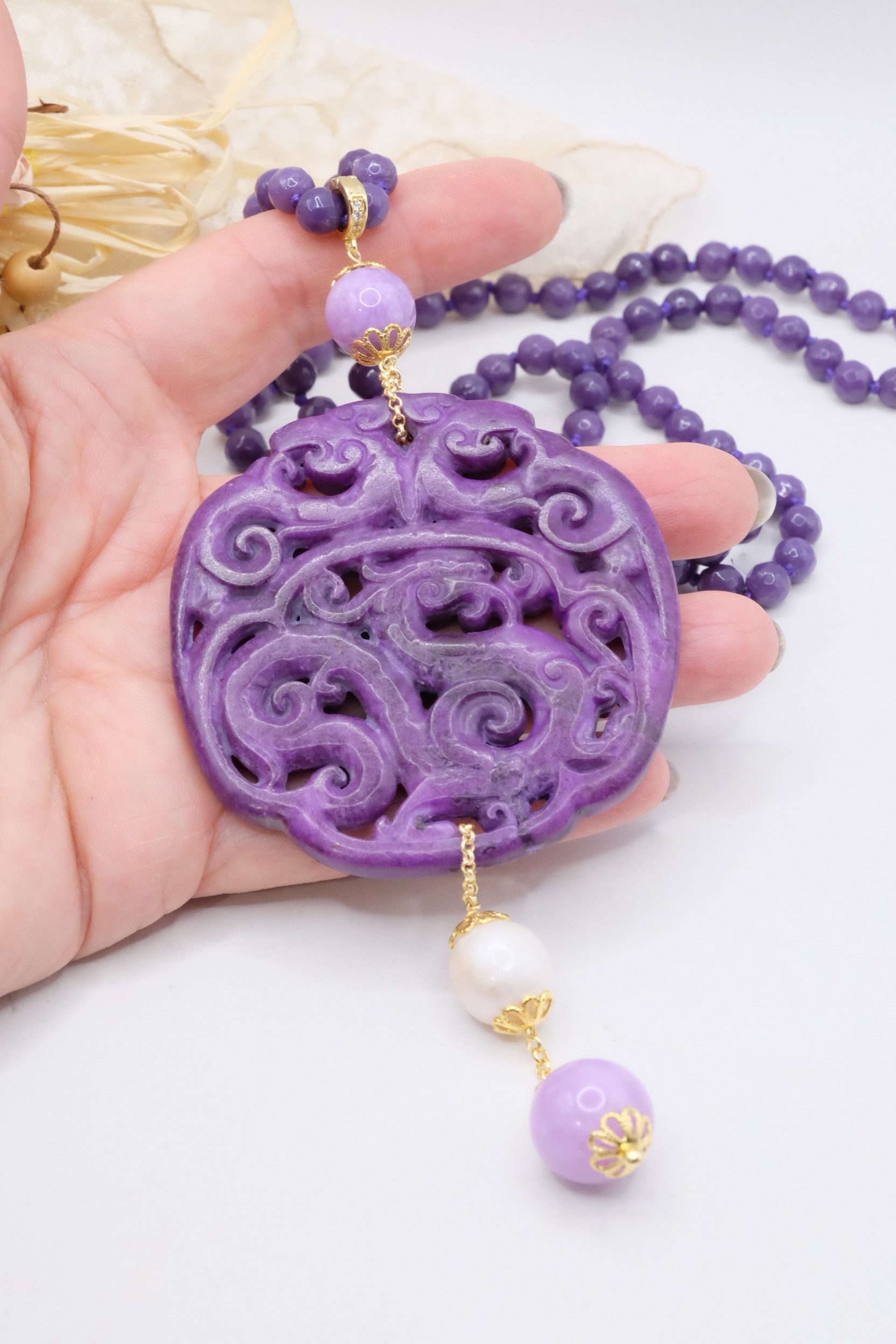 COLLANA CHARLESTON CHANEL MANDALA GIADA VIOLA PERLE ARTIGIANALE (1)