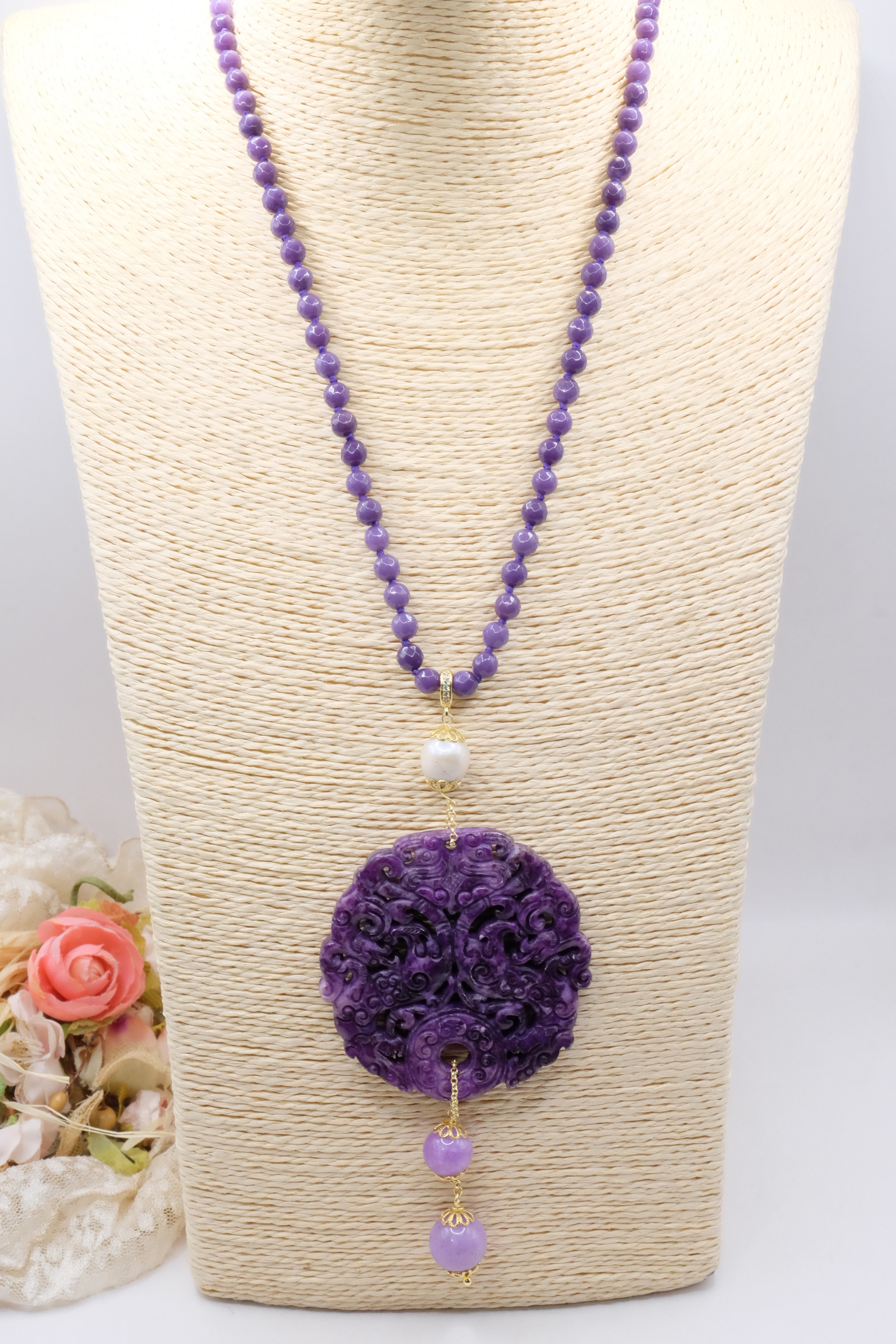 COLLANA CHARLESTON CHANEL MANDALA GIADA VIOLA PERLE ARTIGIANALE (2)