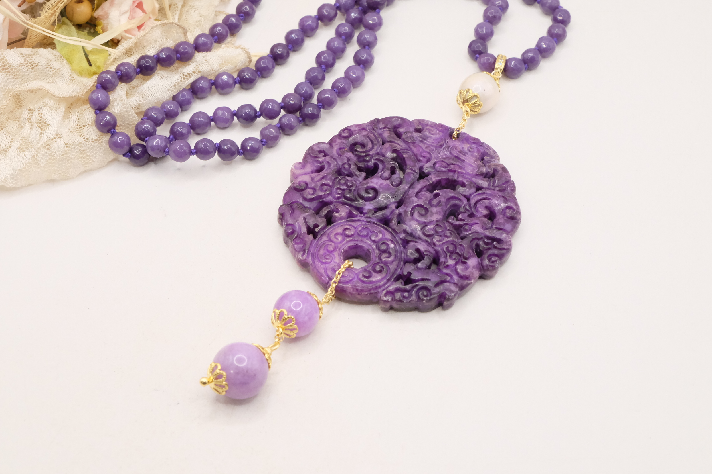 COLLANA CHARLESTON CHANEL MANDALA GIADA VIOLA PERLE ARTIGIANALE (3)