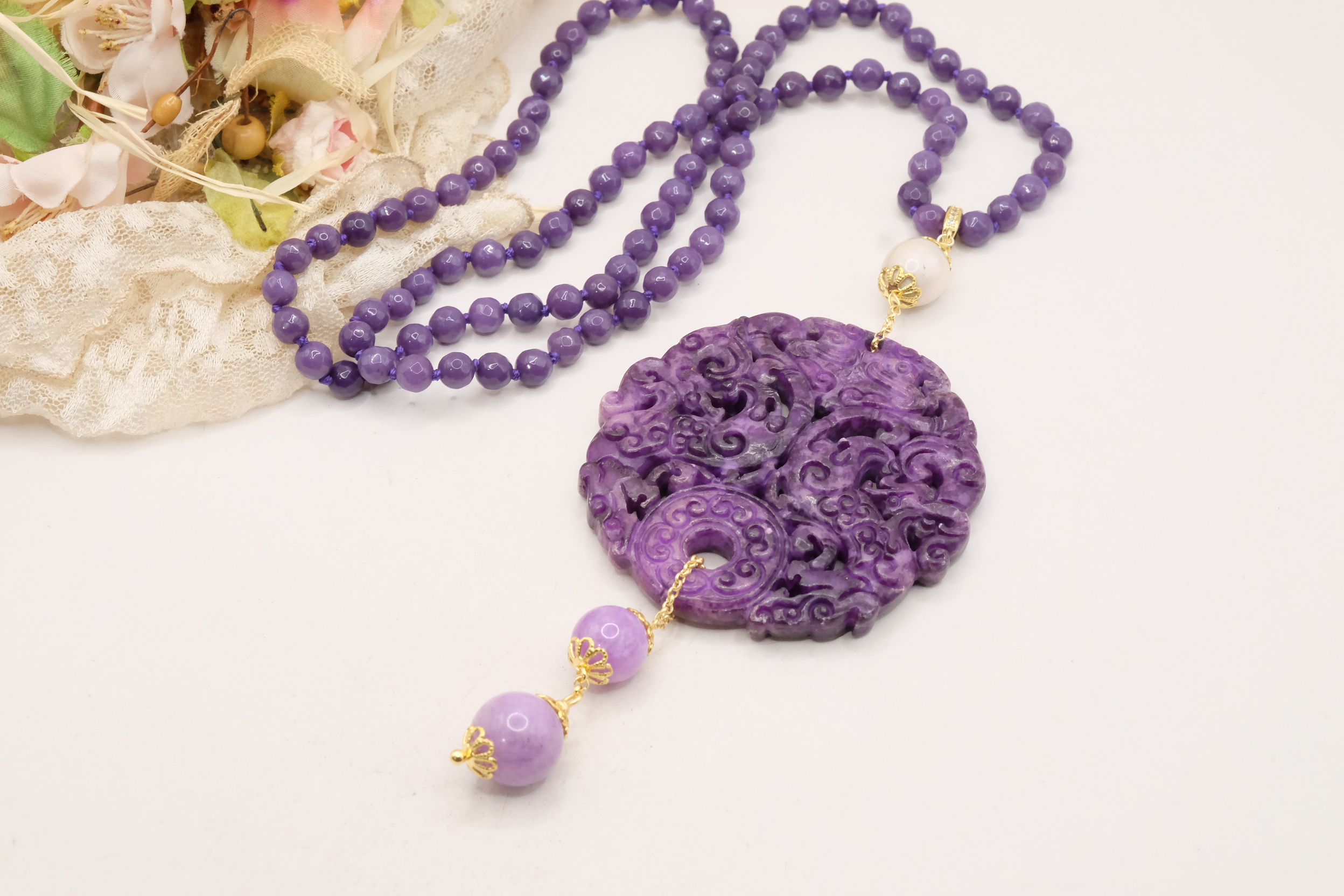 COLLANA CHARLESTON CHANEL MANDALA GIADA VIOLA PERLE ARTIGIANALE (4)