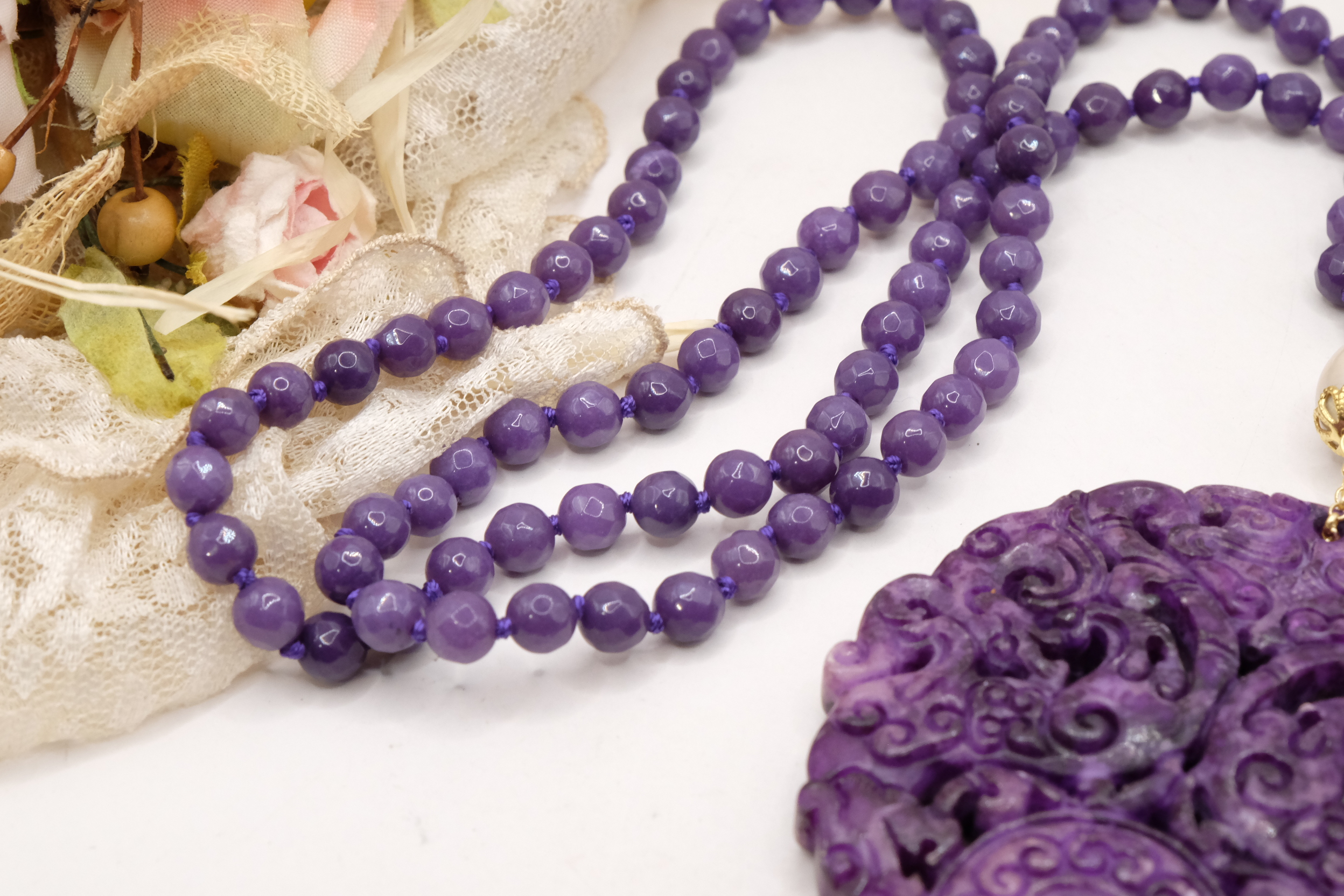 COLLANA CHARLESTON CHANEL MANDALA GIADA VIOLA PERLE ARTIGIANALE (5)
