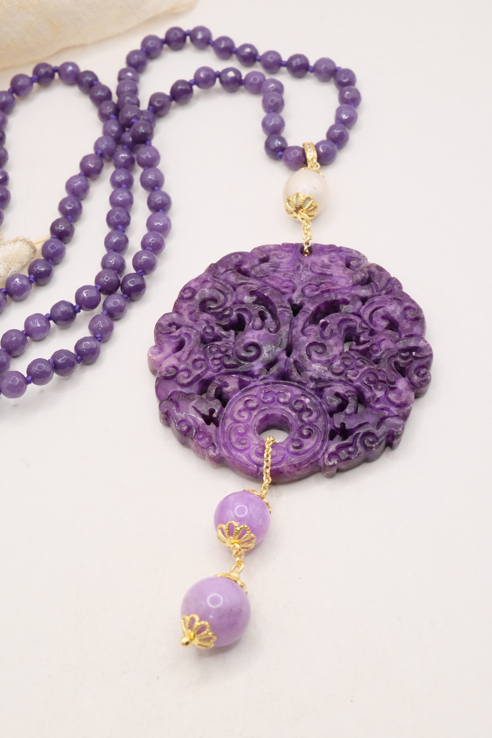 COLLANA CHARLESTON CHANEL MANDALA GIADA VIOLA PERLE ARTIGIANALE (6)