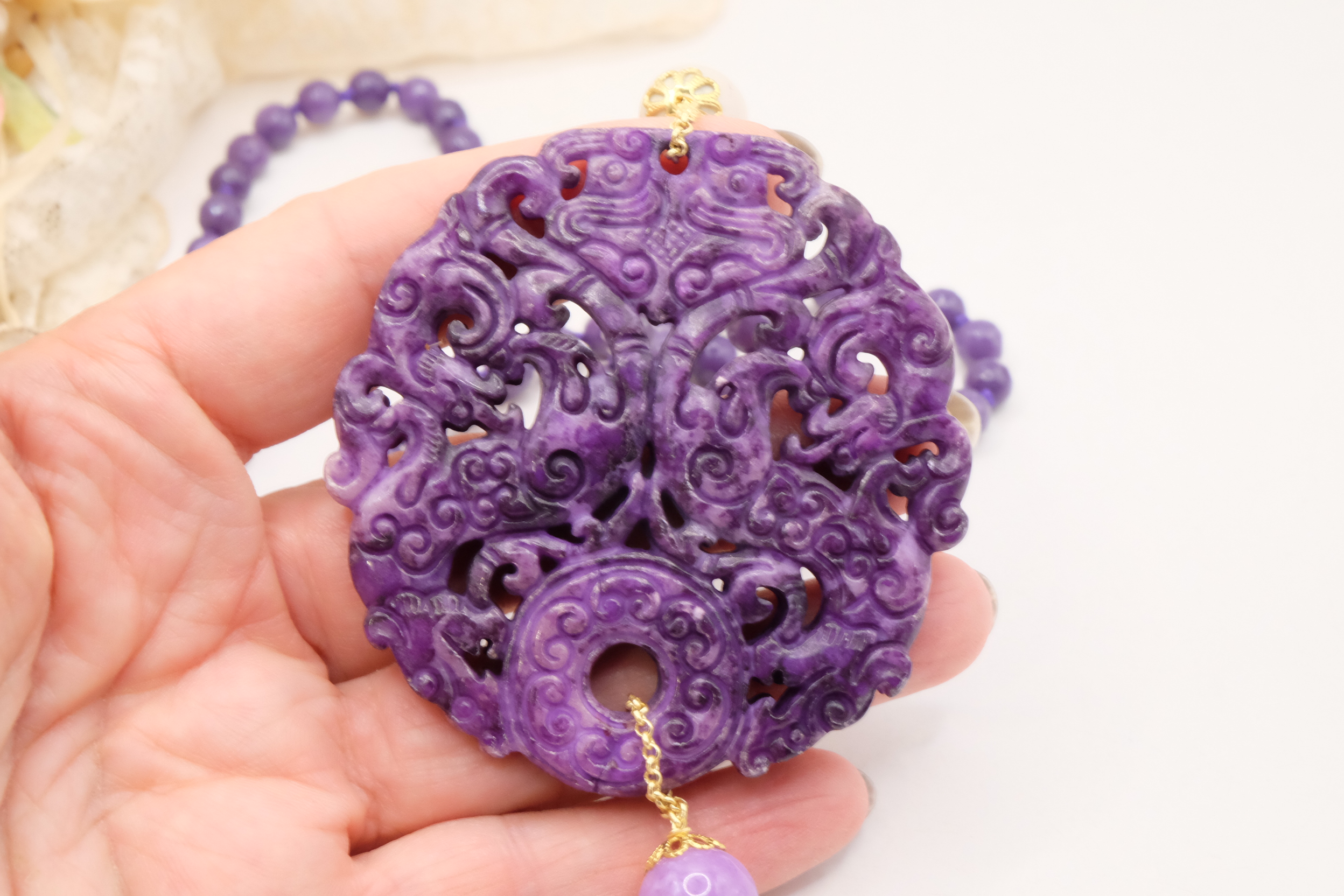 COLLANA CHARLESTON CHANEL MANDALA GIADA VIOLA PERLE ARTIGIANALE (7)