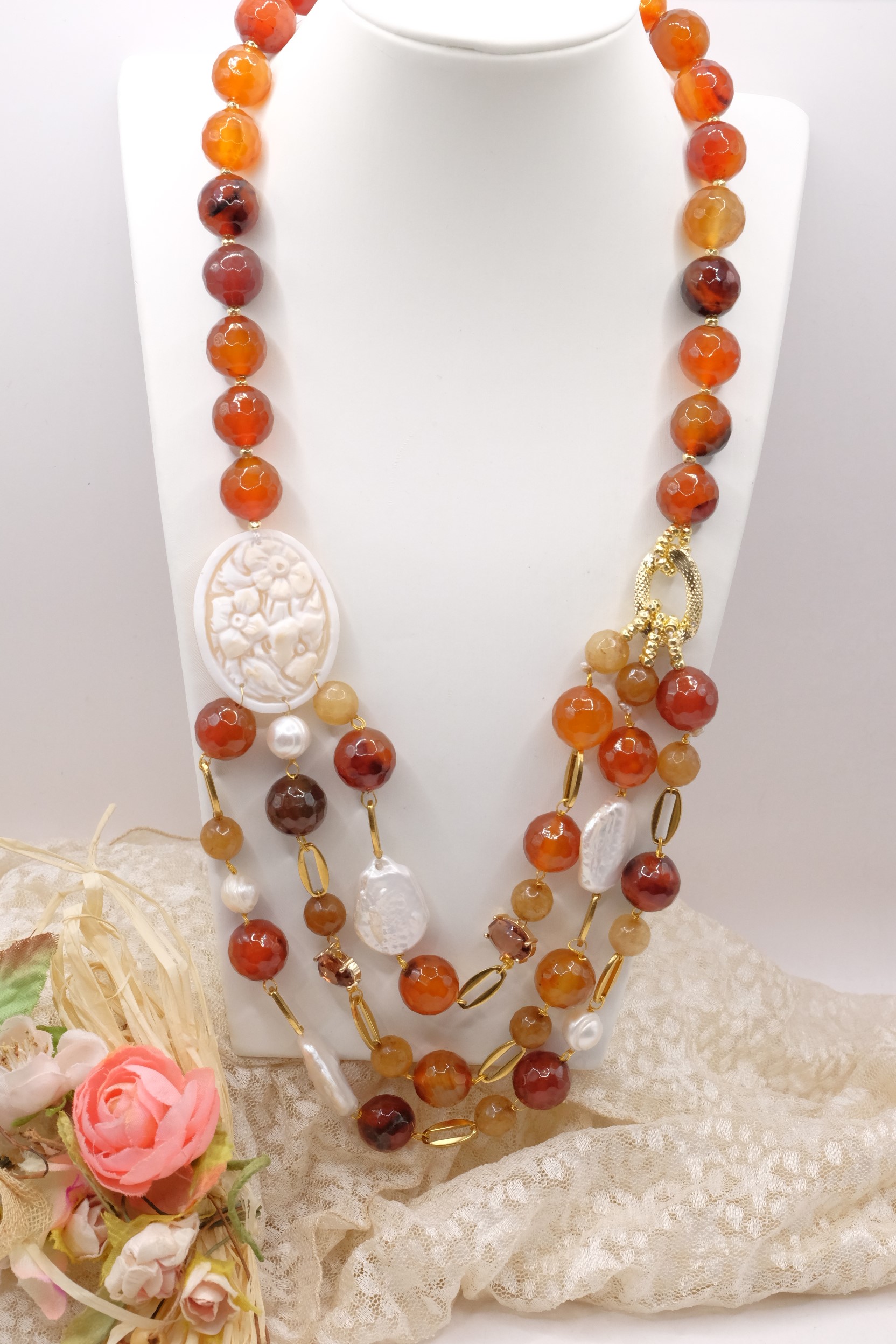 COLLANA CORNIOLA PERLE CAMMEO DI TORRE DEL GRECO ARTIGIANALE (2)