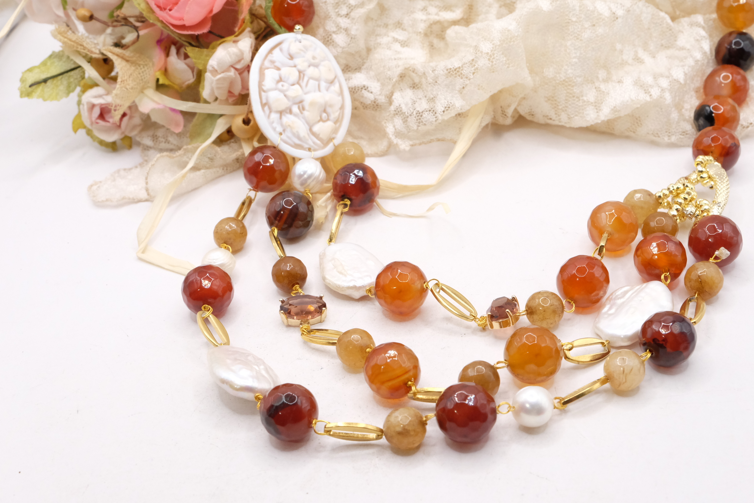 COLLANA CORNIOLA PERLE CAMMEO DI TORRE DEL GRECO ARTIGIANALE (3)