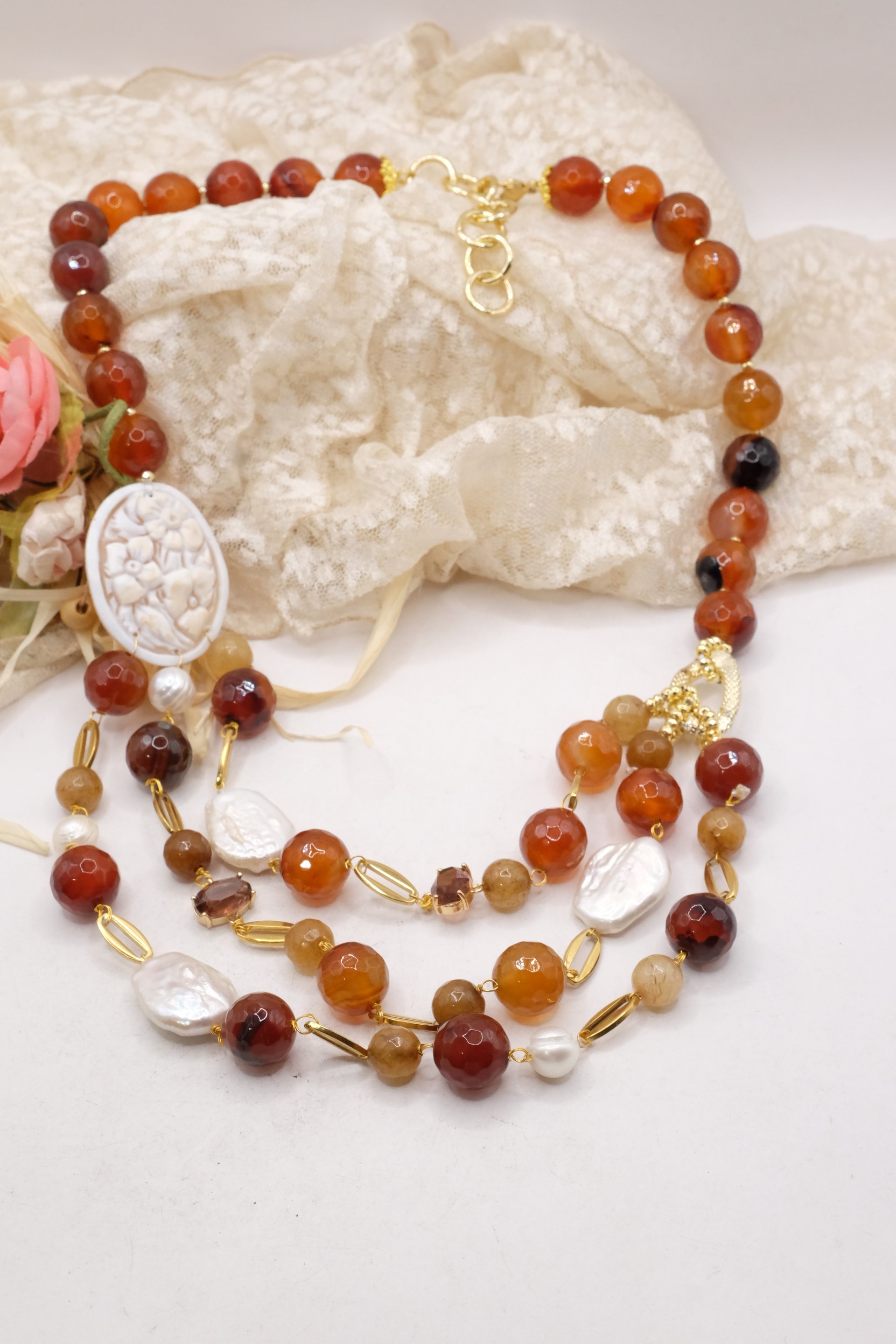 COLLANA CORNIOLA PERLE CAMMEO DI TORRE DEL GRECO ARTIGIANALE (4)