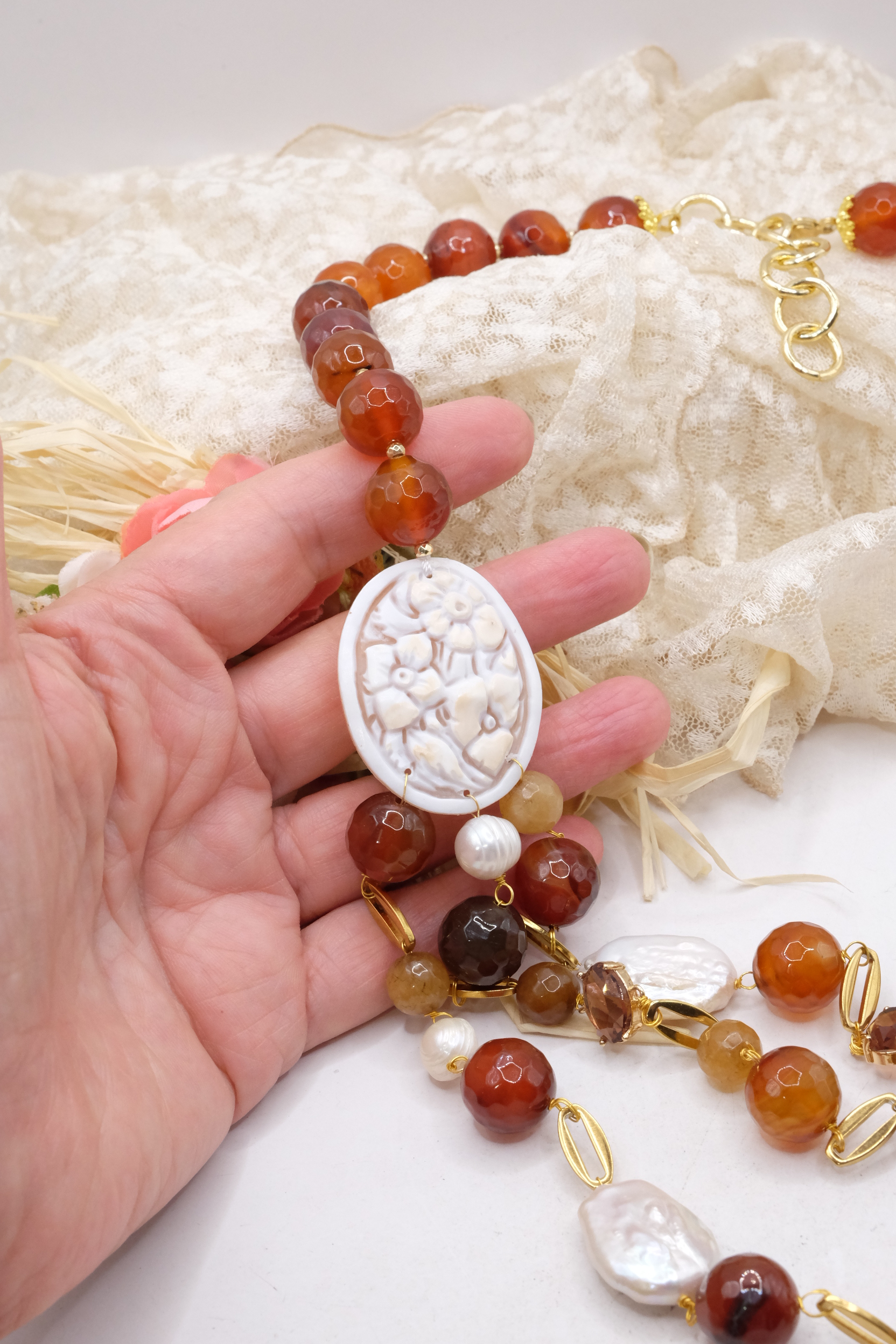 COLLANA CORNIOLA PERLE CAMMEO DI TORRE DEL GRECO ARTIGIANALE (5)
