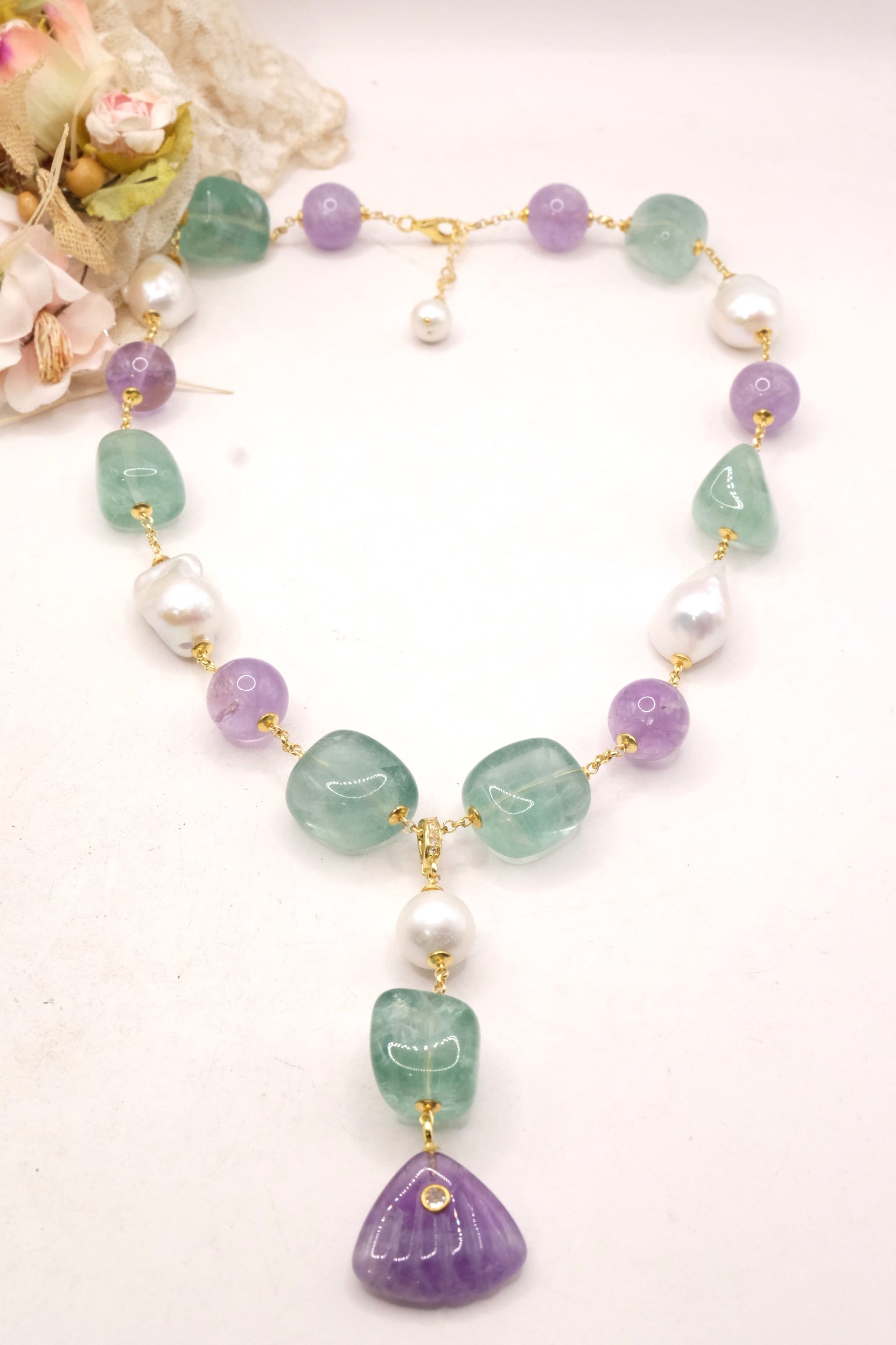 COLLANA FLUORITE AMETISTA PERLE ARGENTO 925 PLACCATO ORO (1)