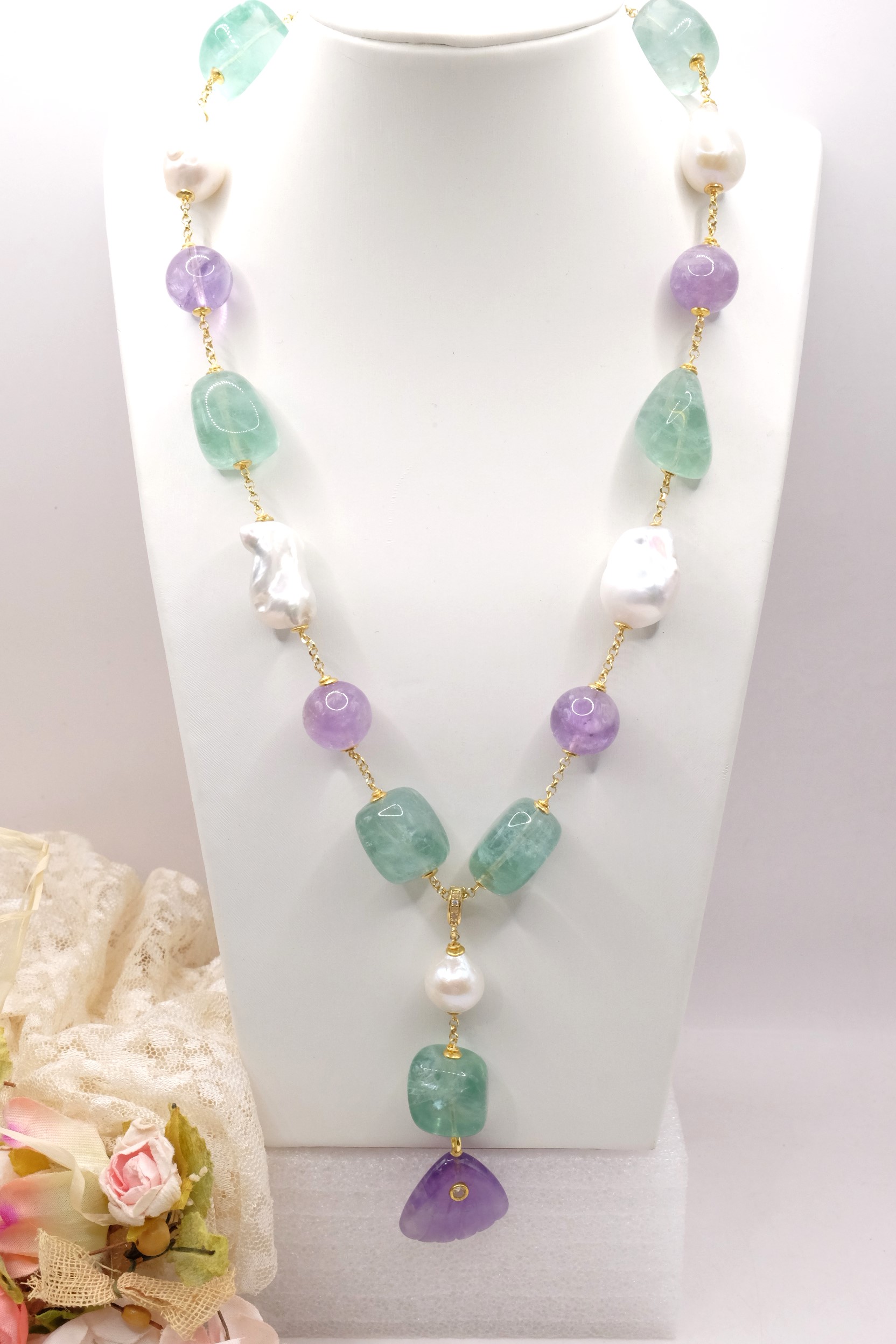 COLLANA FLUORITE AMETISTA PERLE ARGENTO 925 PLACCATO ORO (2)