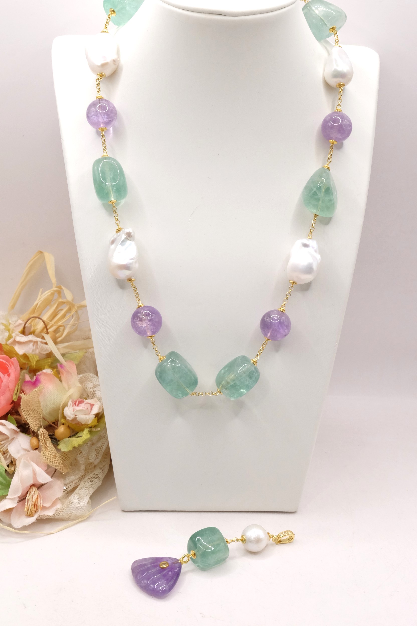 COLLANA FLUORITE AMETISTA PERLE ARGENTO 925 PLACCATO ORO (3)