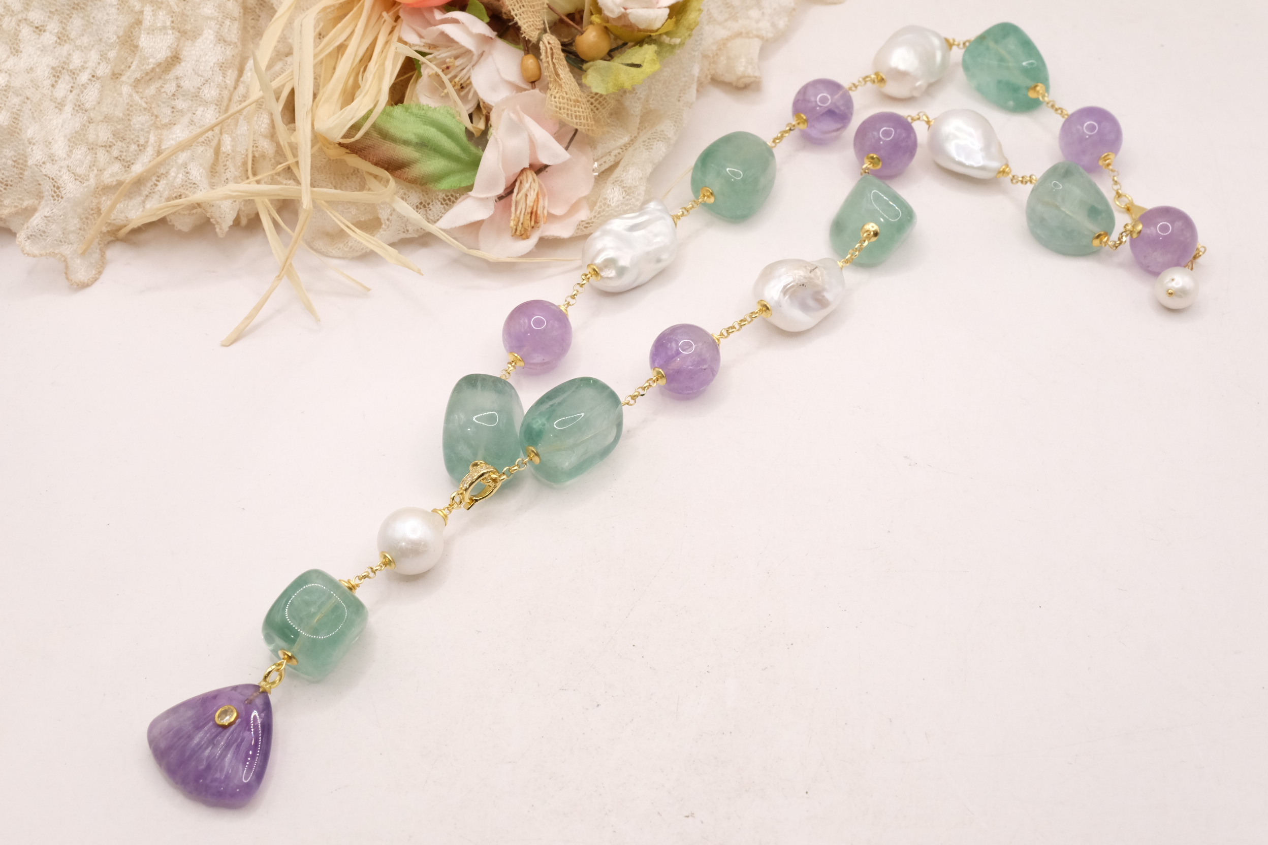 COLLANA FLUORITE AMETISTA PERLE ARGENTO 925 PLACCATO ORO (4)