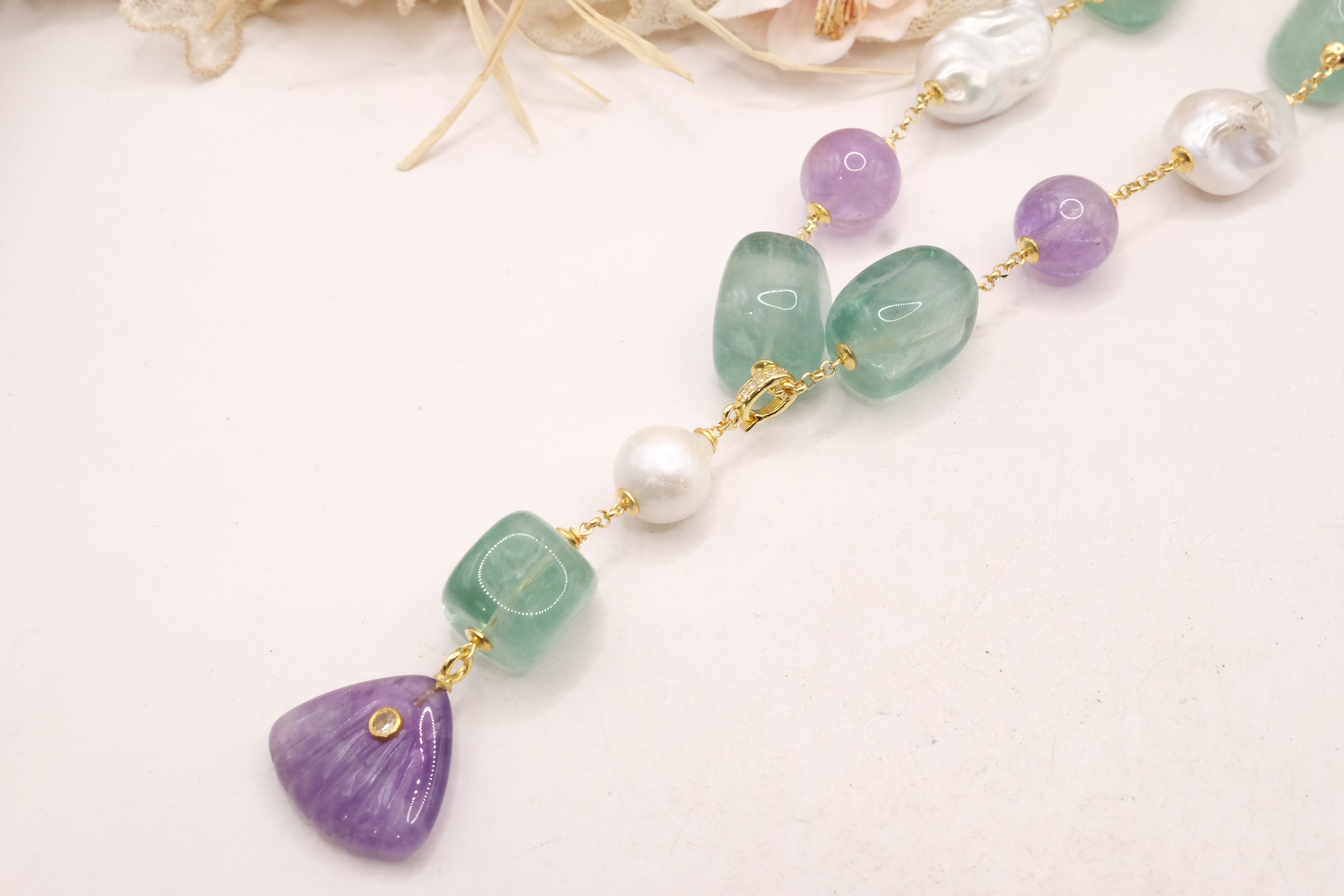 COLLANA FLUORITE AMETISTA PERLE ARGENTO 925 PLACCATO ORO (5)