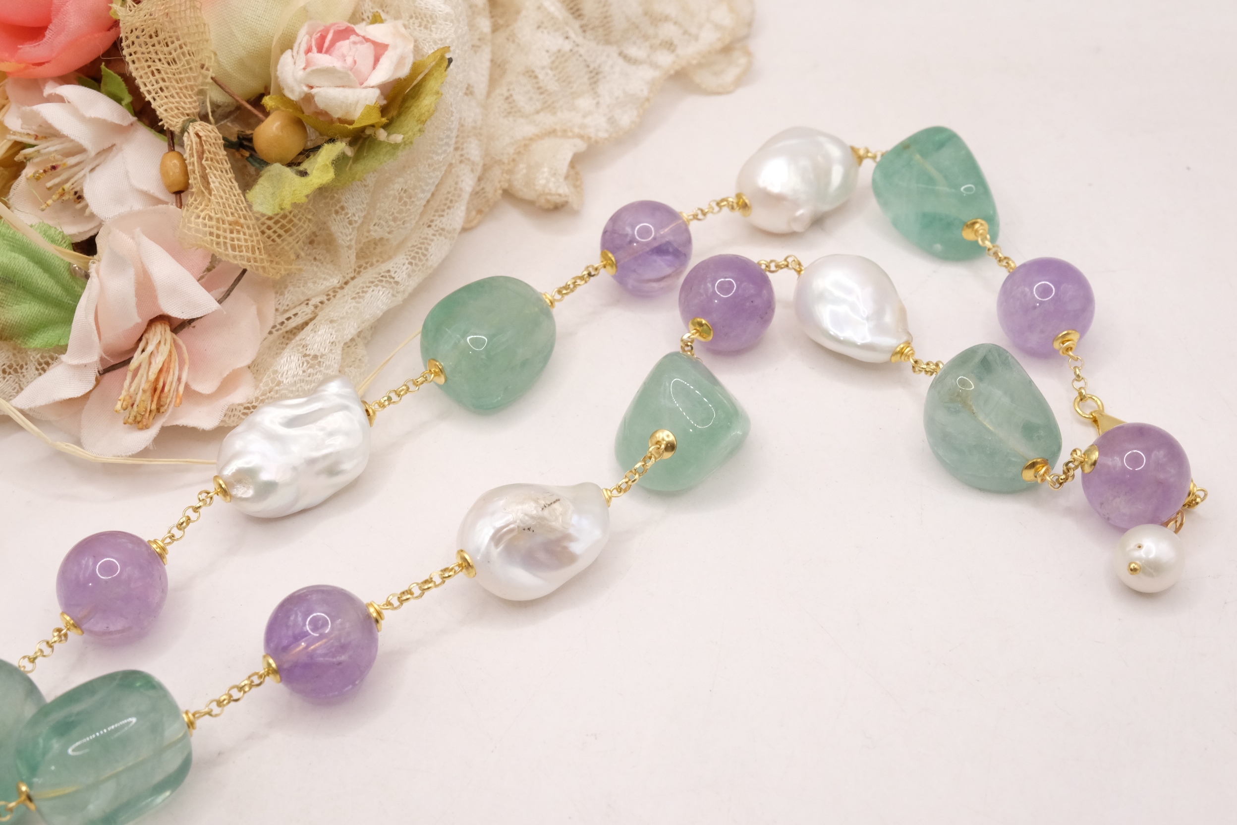 COLLANA FLUORITE AMETISTA PERLE ARGENTO 925 PLACCATO ORO (6)
