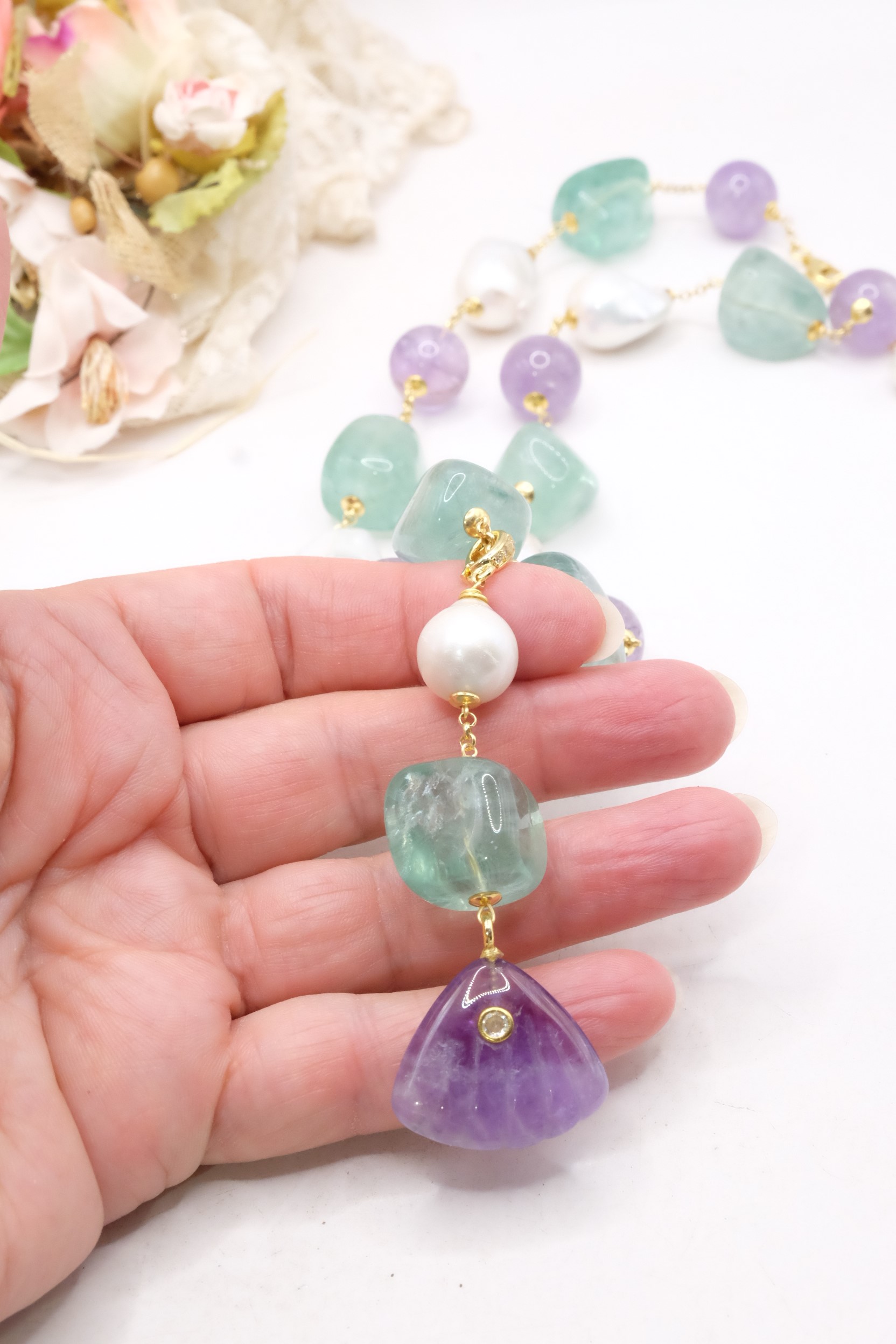 COLLANA FLUORITE AMETISTA PERLE ARGENTO 925 PLACCATO ORO (7)