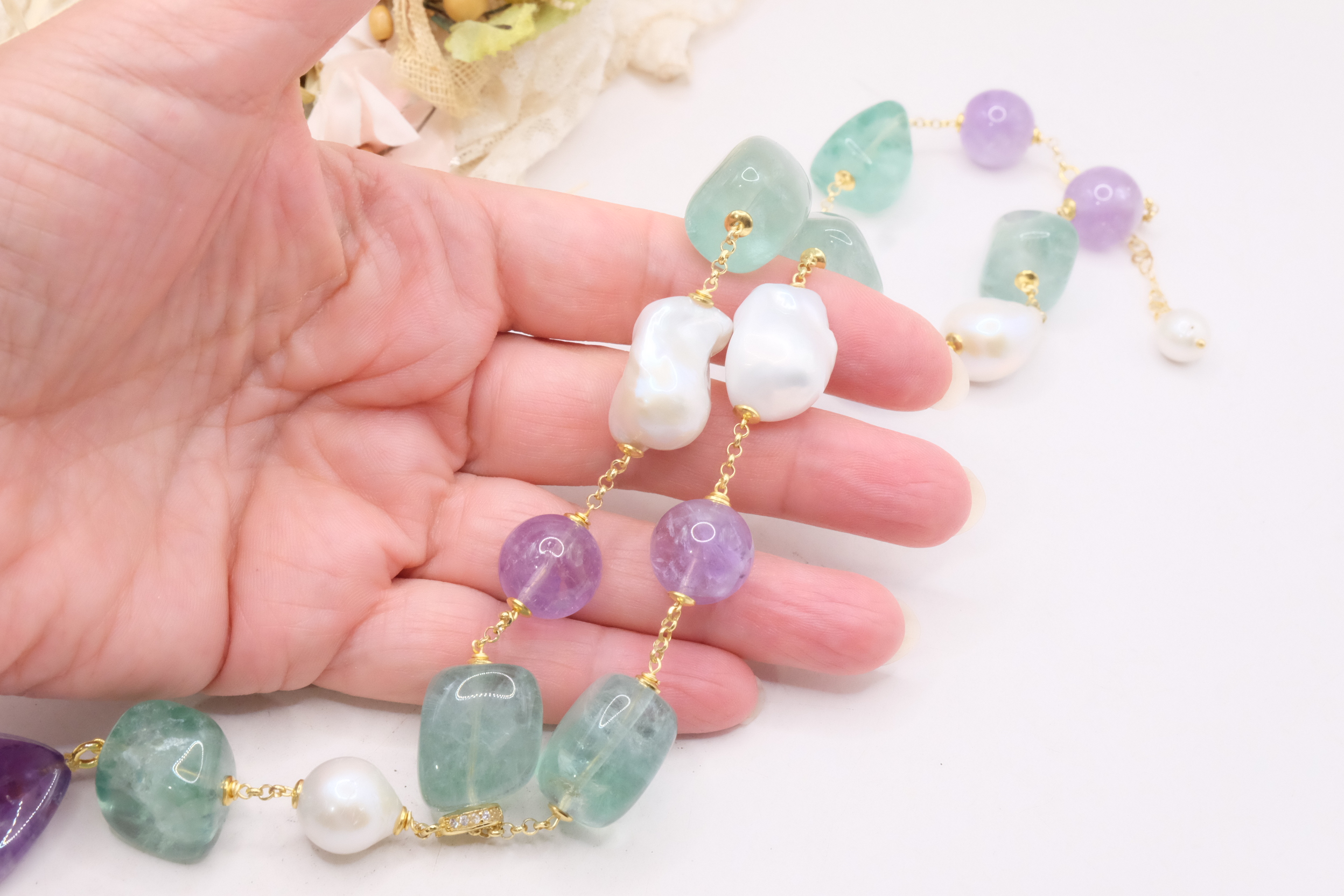 COLLANA FLUORITE AMETISTA PERLE ARGENTO 925 PLACCATO ORO (8)