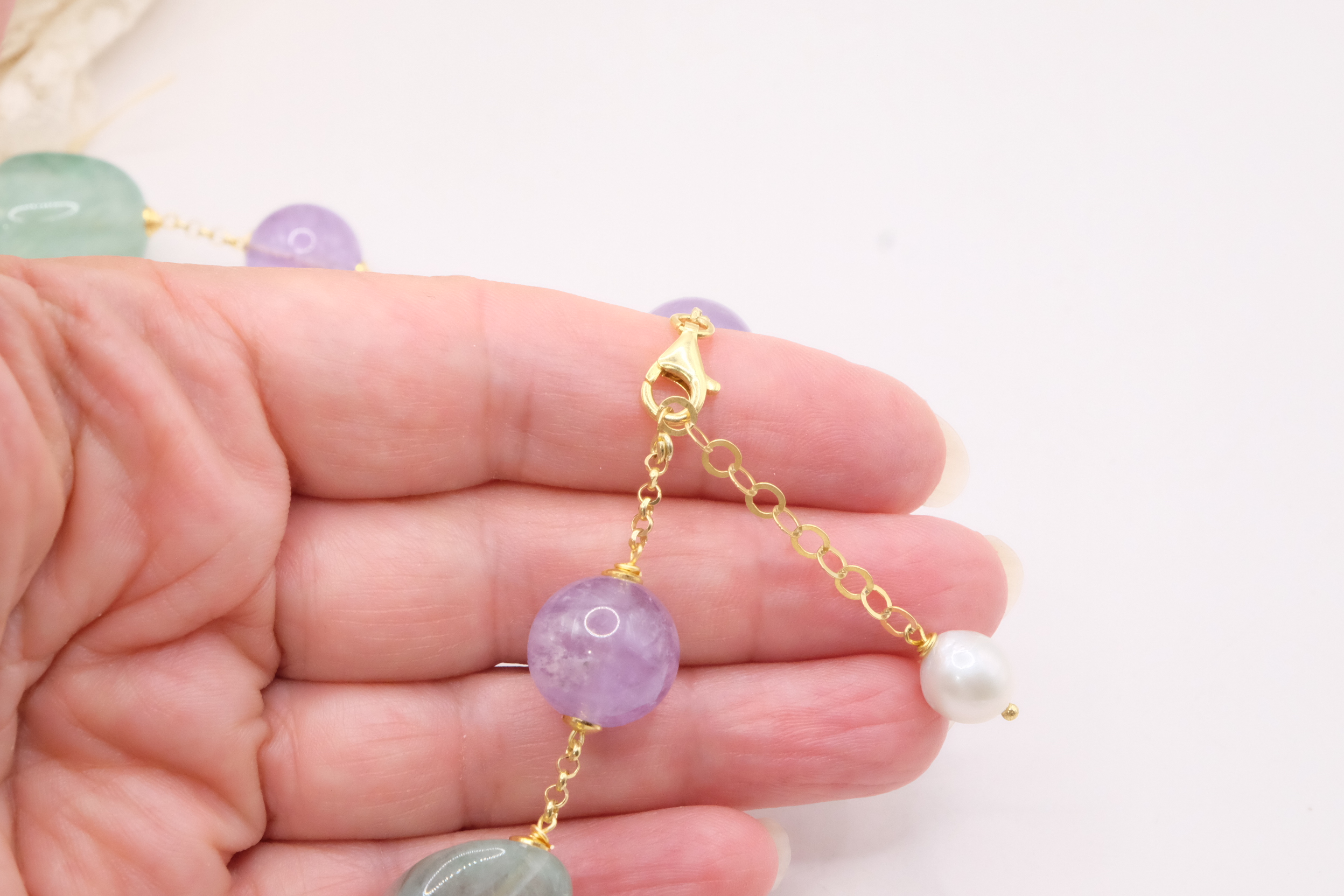 COLLANA FLUORITE AMETISTA PERLE ARGENTO 925 PLACCATO ORO (9)