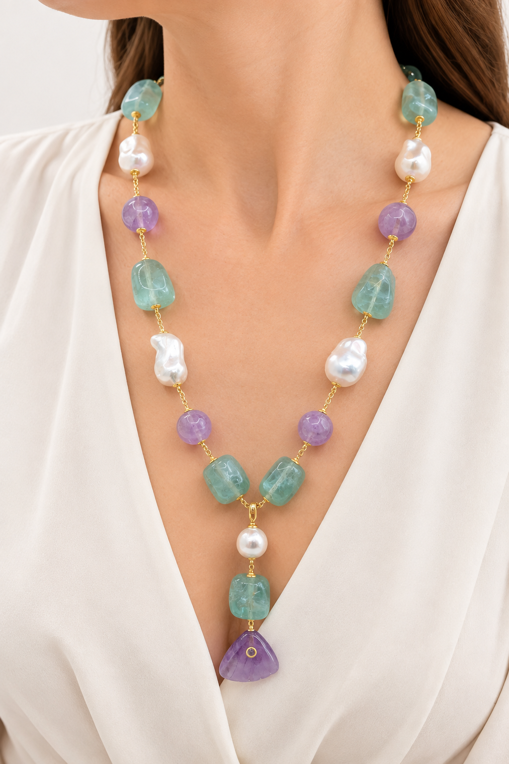 COLLANA FLUORITE AMETISTA PERLE ARGENTO 925 PLACCATO ORO