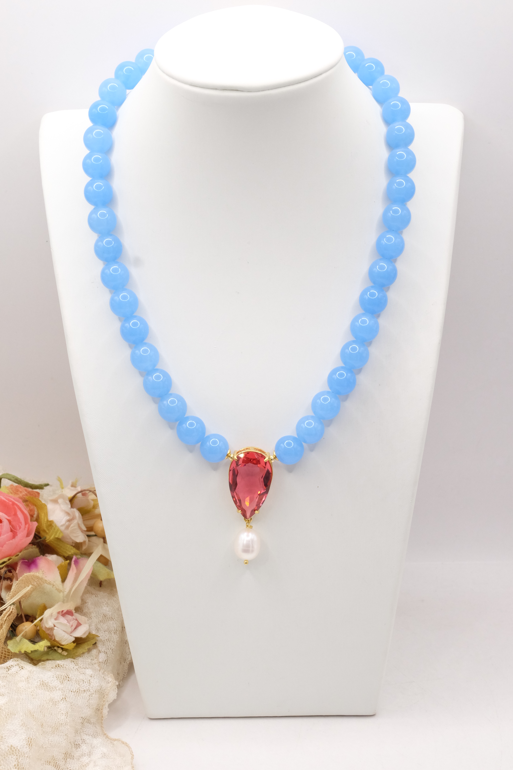 COLLANA GIADA AZZURRA GOCCIA CRISTALLO PERLA NATURALE ARGENTO 925 PLACCATO ORO (2)