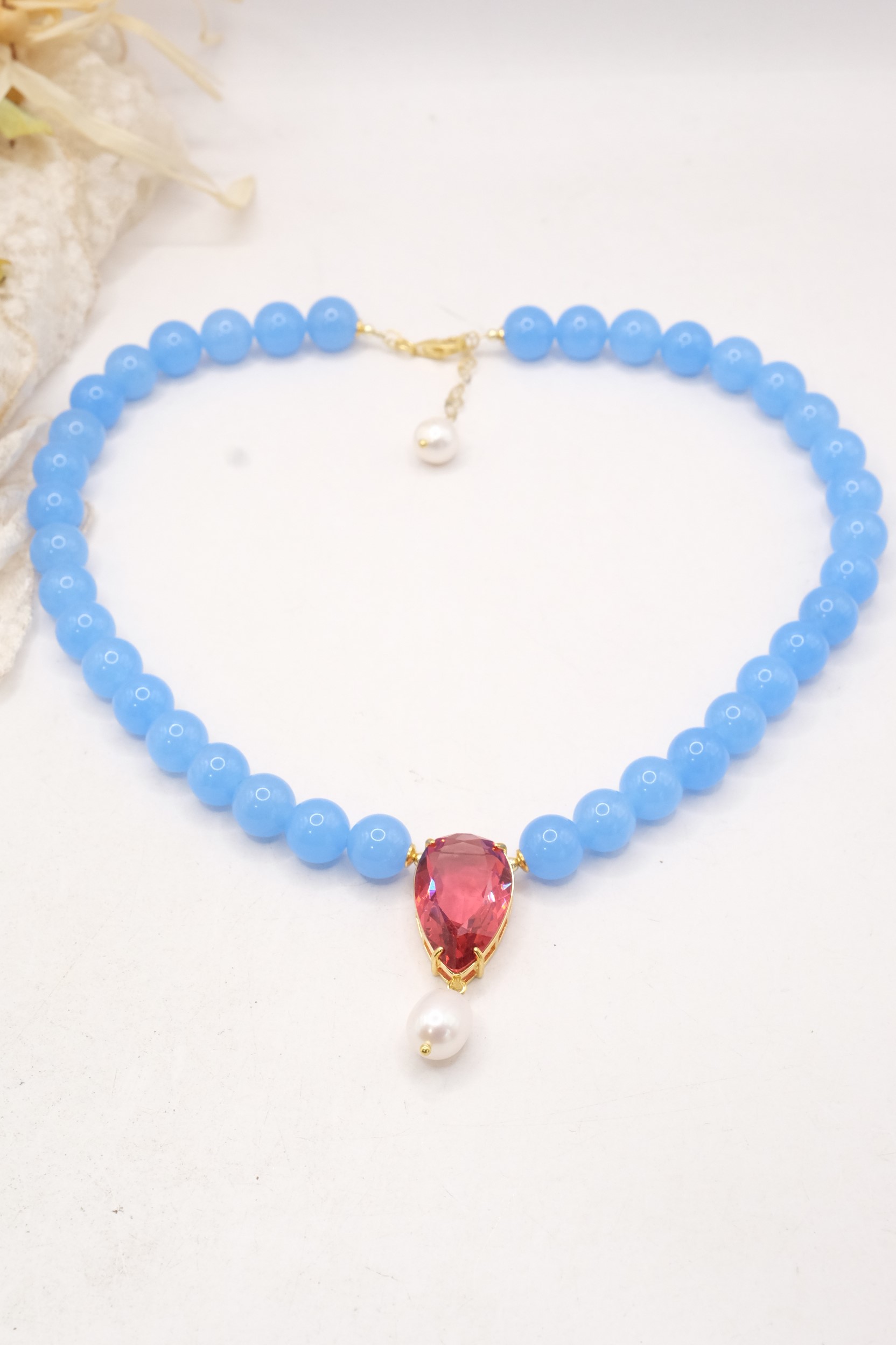 COLLANA GIADA AZZURRA GOCCIA CRISTALLO PERLA NATURALE ARGENTO 925 PLACCATO ORO (3)