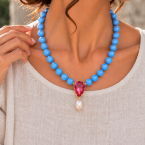 Collana Giada Azzurra Goccia Cristallo e Perla Naturale Argento 925