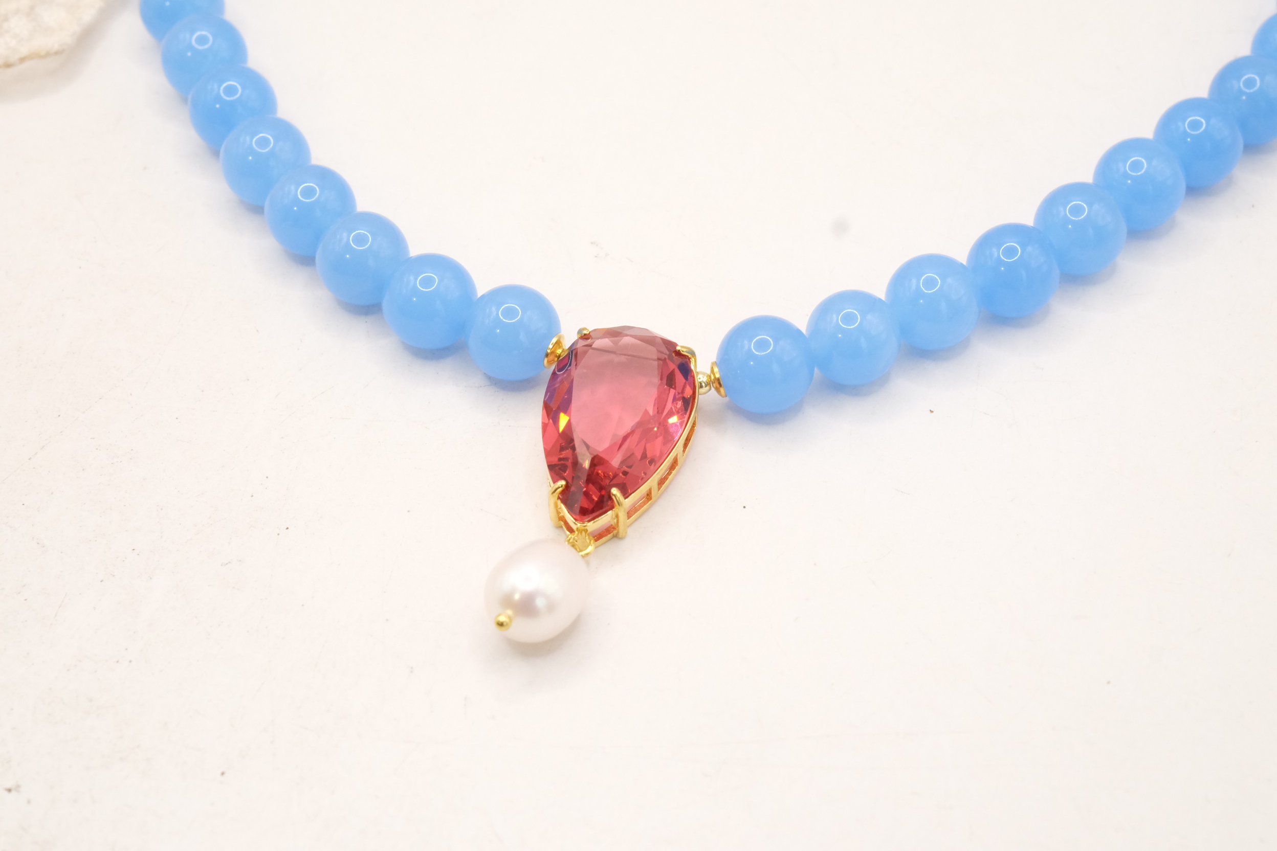 COLLANA GIADA AZZURRA GOCCIA CRISTALLO PERLA NATURALE ARGENTO 925 PLACCATO ORO (4)