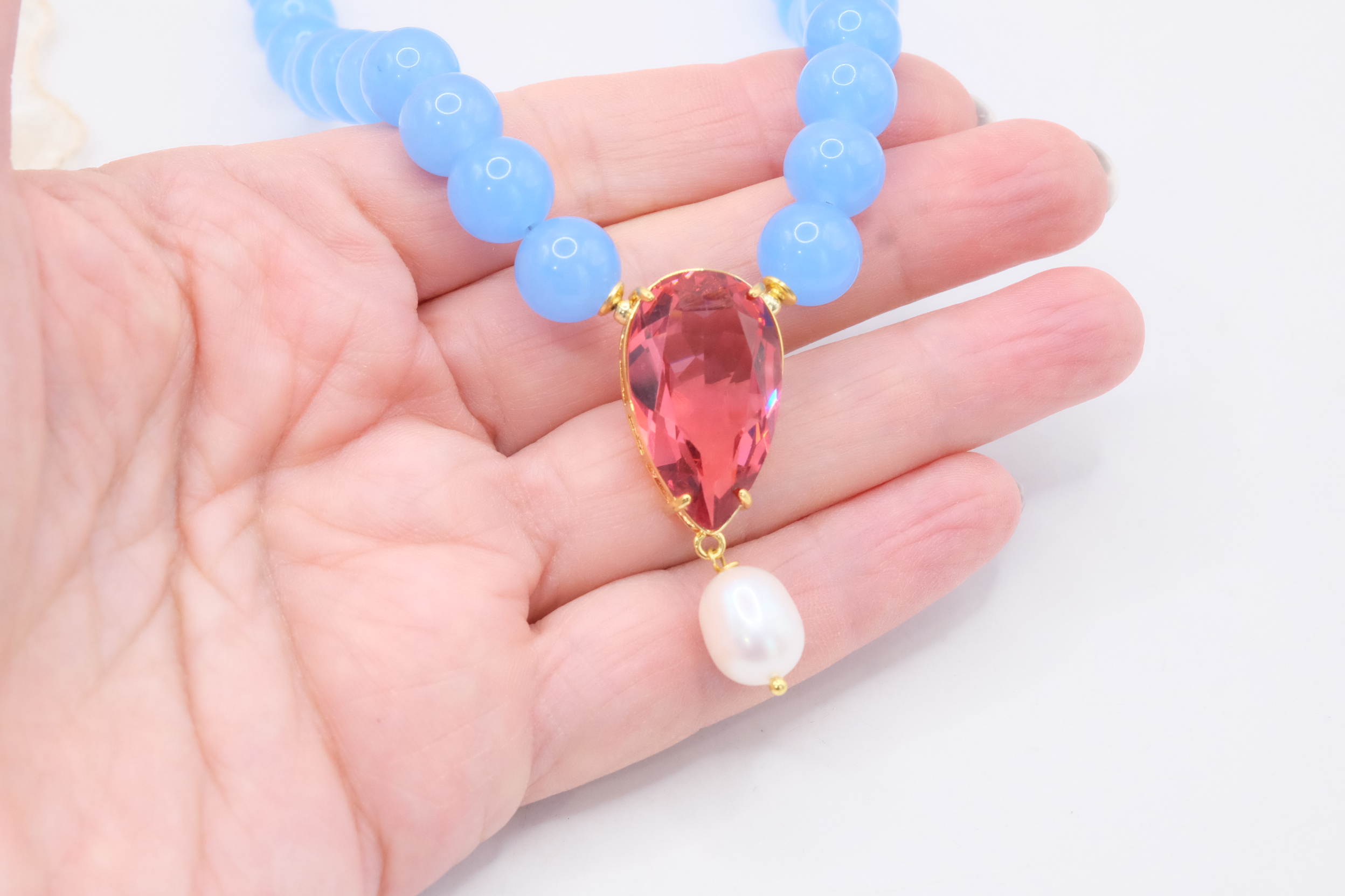 COLLANA GIADA AZZURRA GOCCIA CRISTALLO PERLA NATURALE ARGENTO 925 PLACCATO ORO (5)