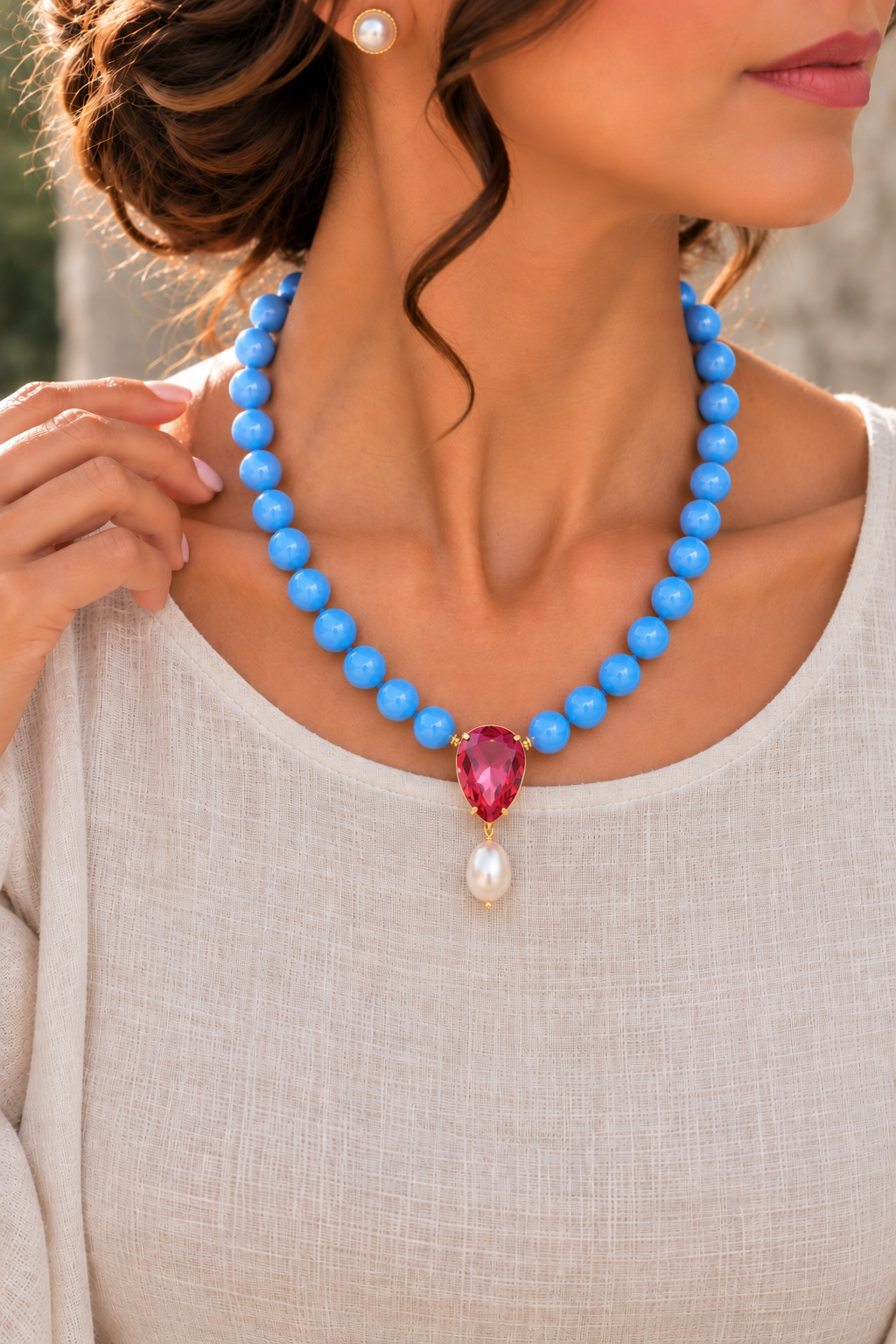 COLLANA GIADA AZZURRA GOCCIA CRISTALLO PERLA NATURALE ARGENTO 925 PLACCATO ORO